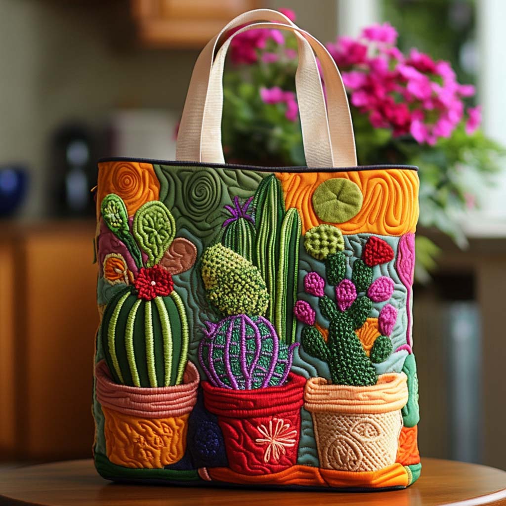 Cactus Moonlight Quilted Tote Bag Unique Cactus Gifts
