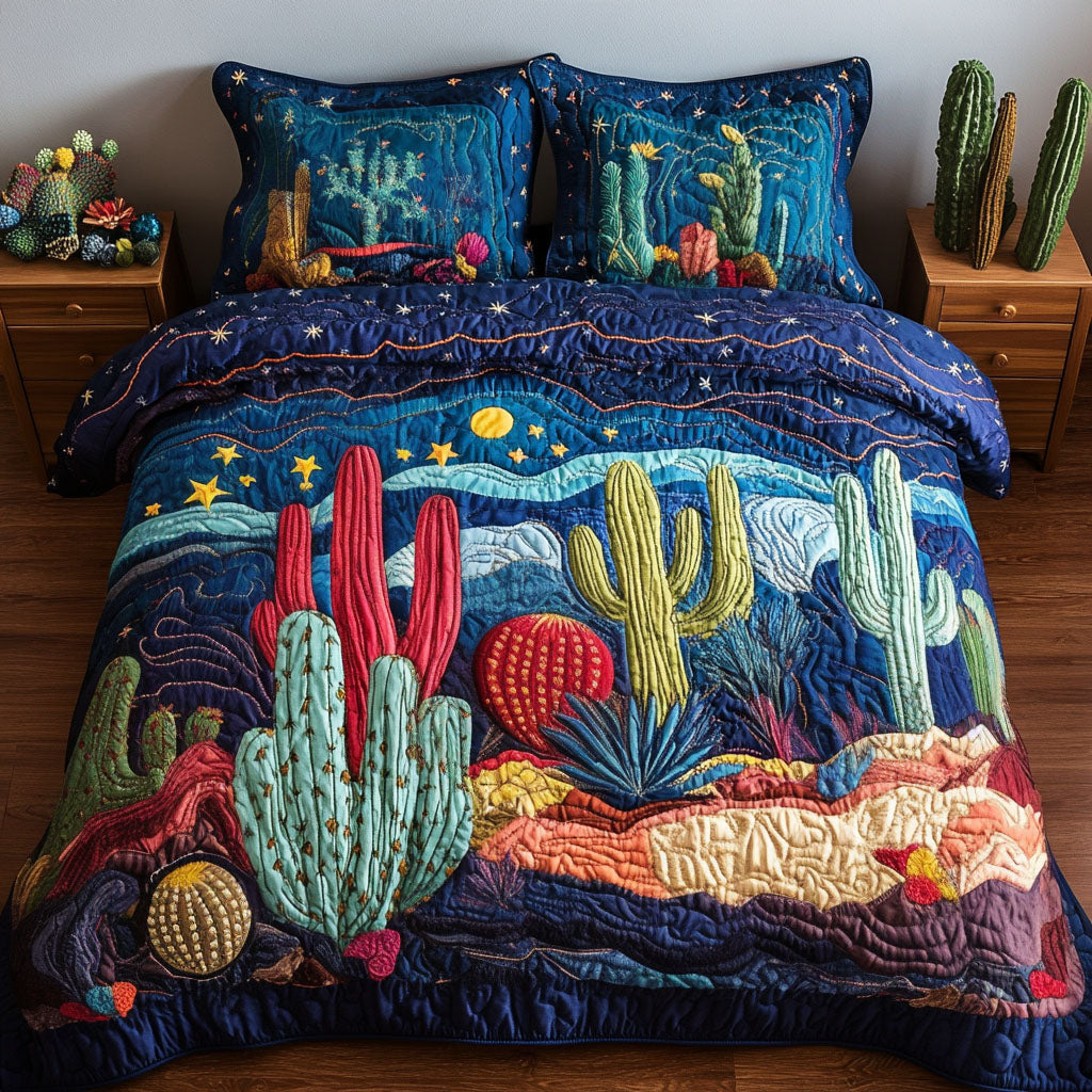 Cactus Night Quilted Bedding Set Aesthetic Room Decor Cactus Housewarming Gift