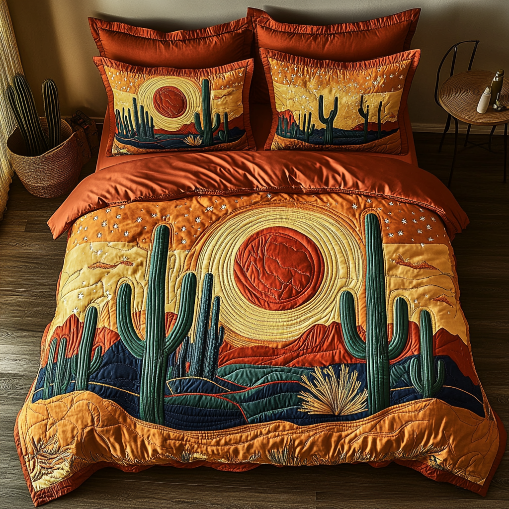 Cactus Night Quilted Bedding Set Christmas Bed Sheets Best Cactus Related Gifts