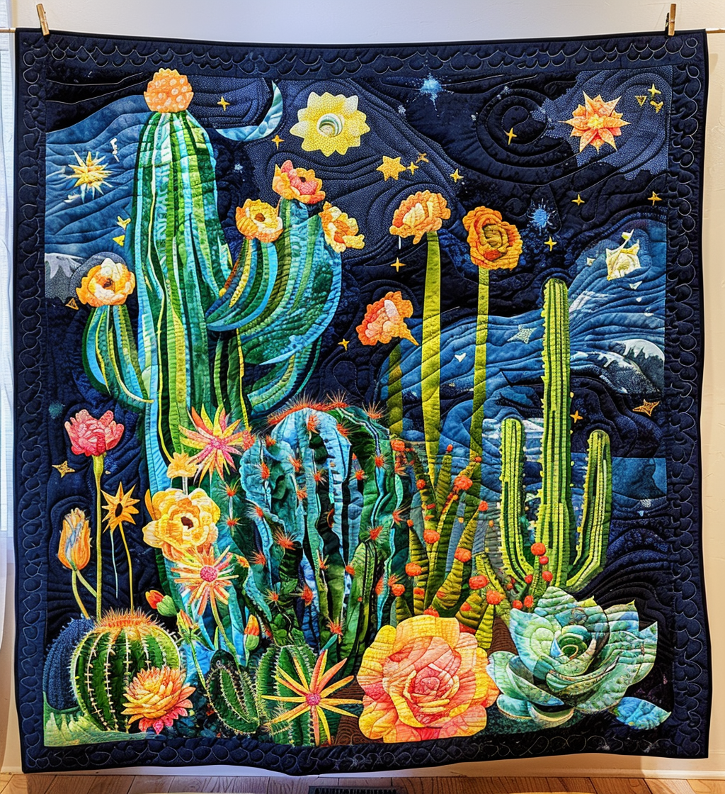 Cactus Night Sky Quilted Blanket Cute Blankets For Adults