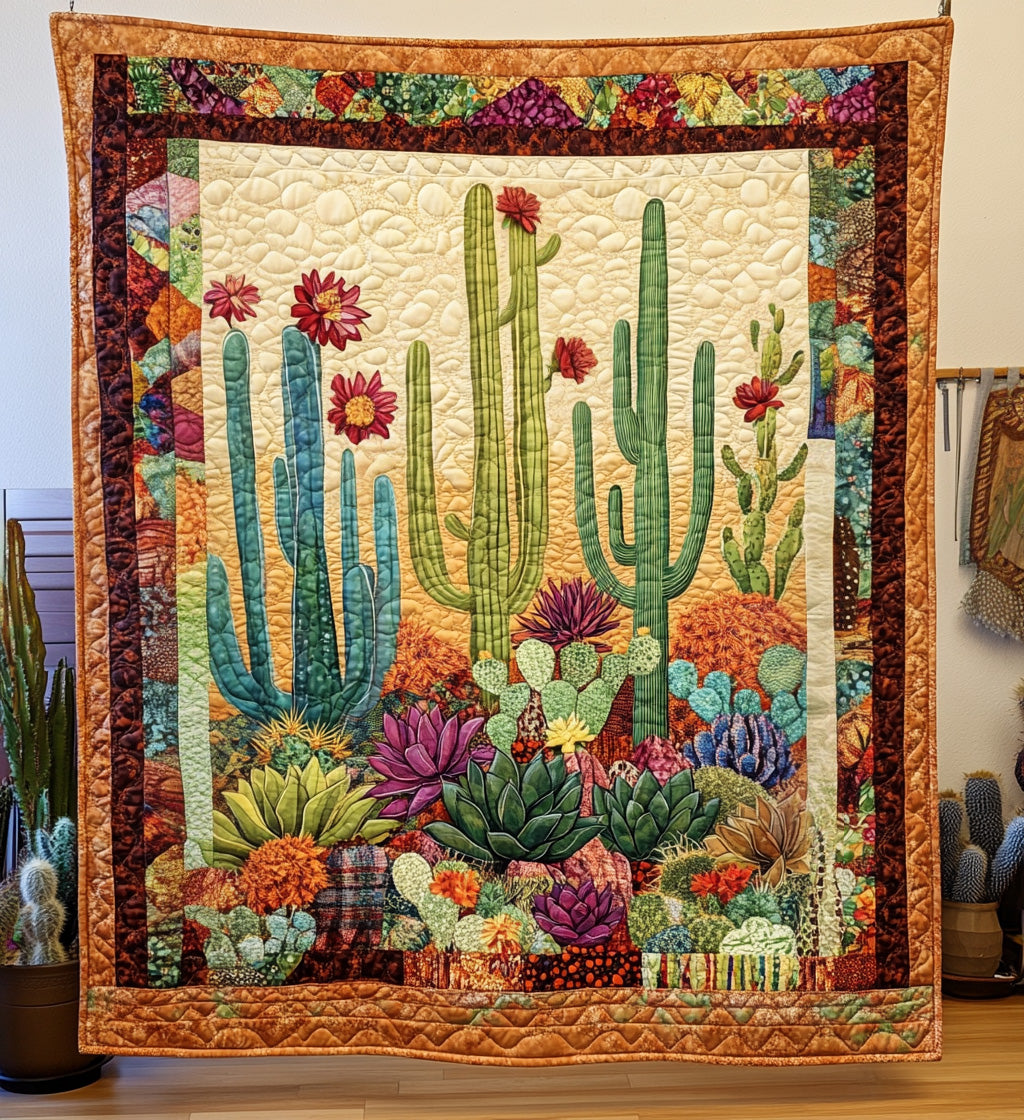 Cactus Oasis Quilted Blanket Gift For Cactus Lover