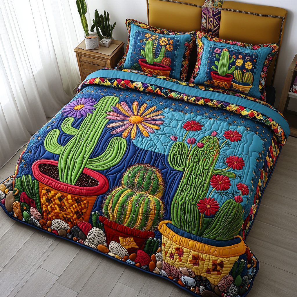 Cactus Parade Quilted Bedding Set Holiday Season Duvet Cover Set Cactus Gifts For Him