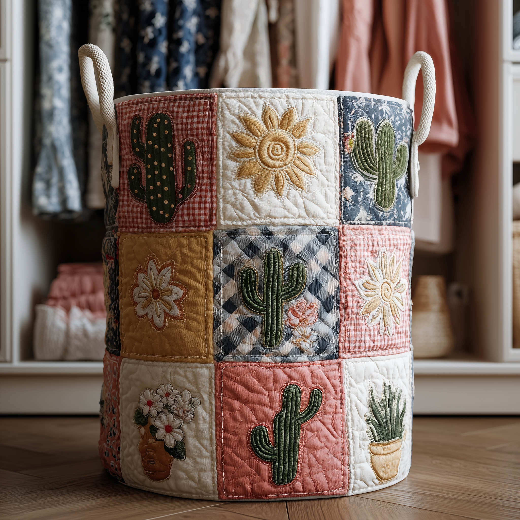 Cactus Patchwork Quilted Laundry Basket Plant Themed Cozy Home Decor Garden Lover Gifts