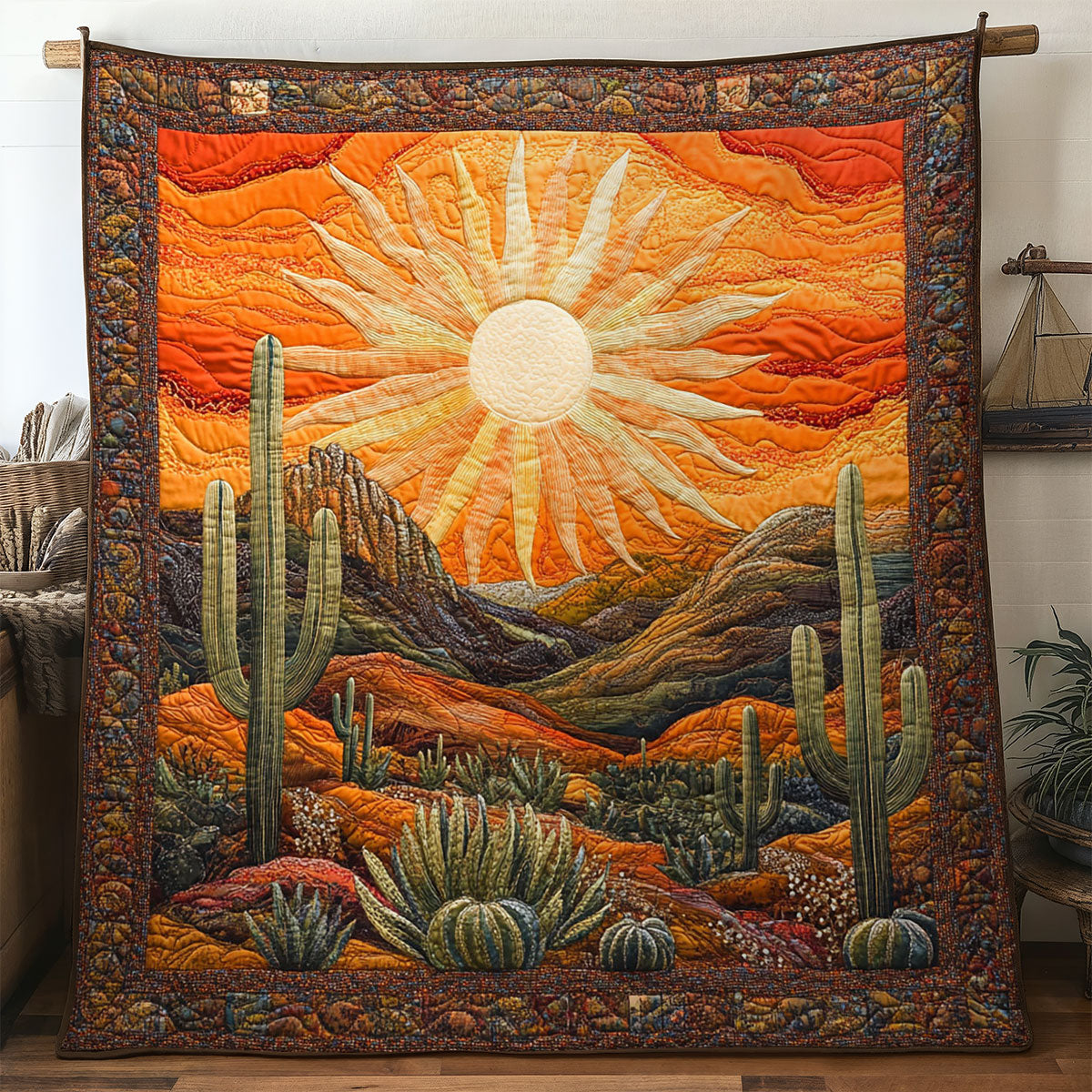 Cactus Radiance Quilt Luxury Quilt Blanket with Decorative Stitching