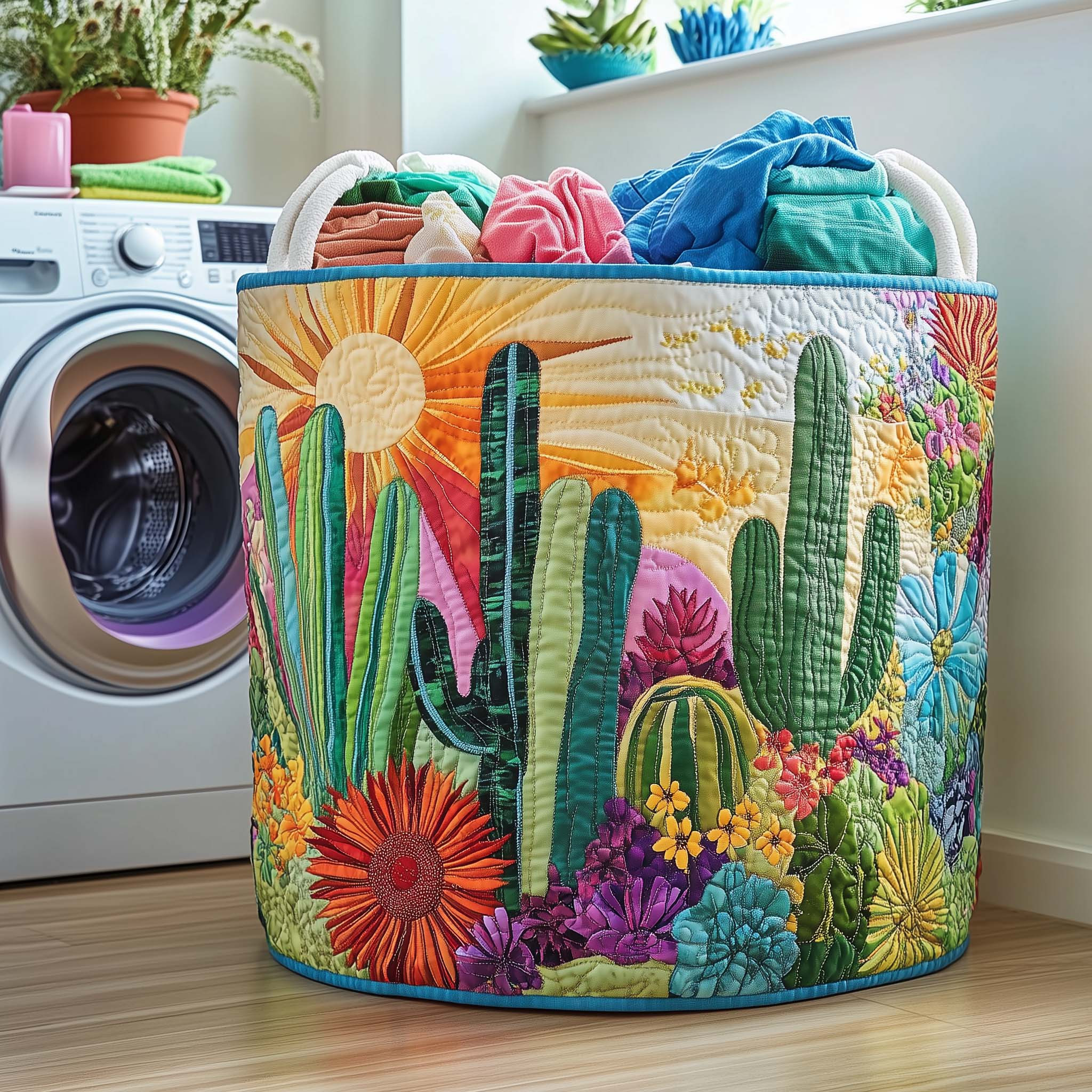 Cactus Serenity Quilted Laundry Basket Modern Home Decor Best Gifts For Plant Lovers