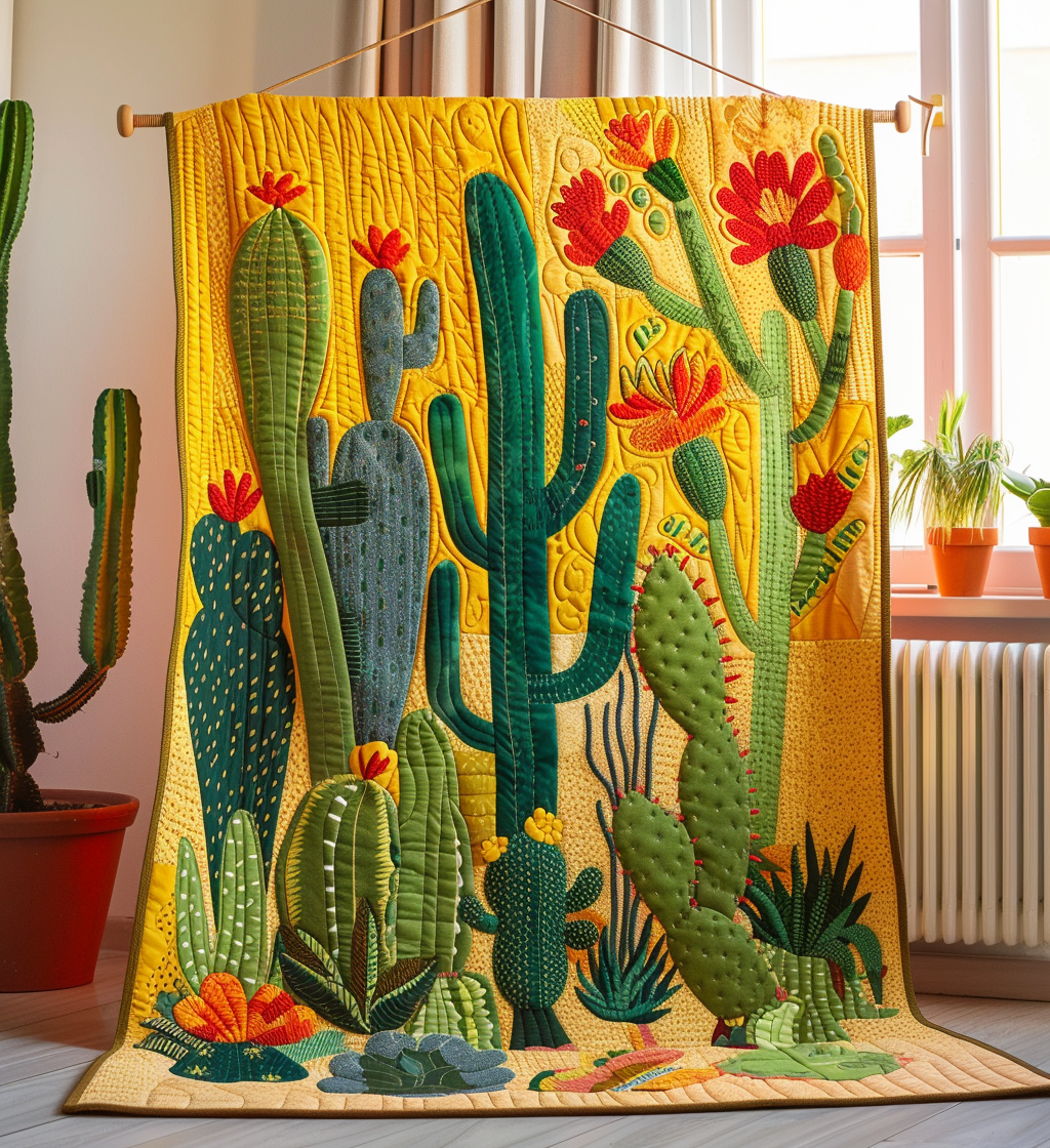 Cactus Sunburst Quilted Blanket Gift For Cactus Lover