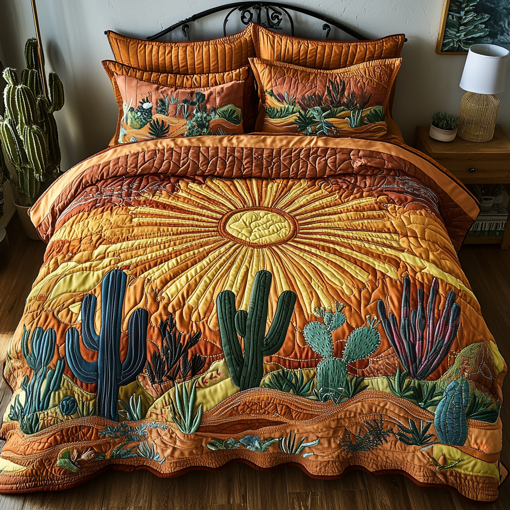 Cactus Sunrise Quilted Bedding Set Bedspreads Queen Size Best Gift for Catus Lovers