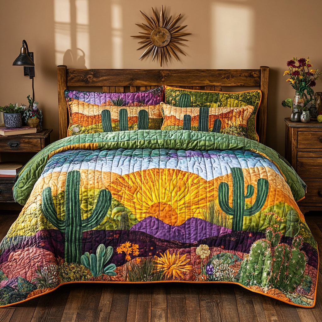 Cactus Sunrise Quilted Bedding Set Classic Bedding Set That Enhances Your Sleep Space