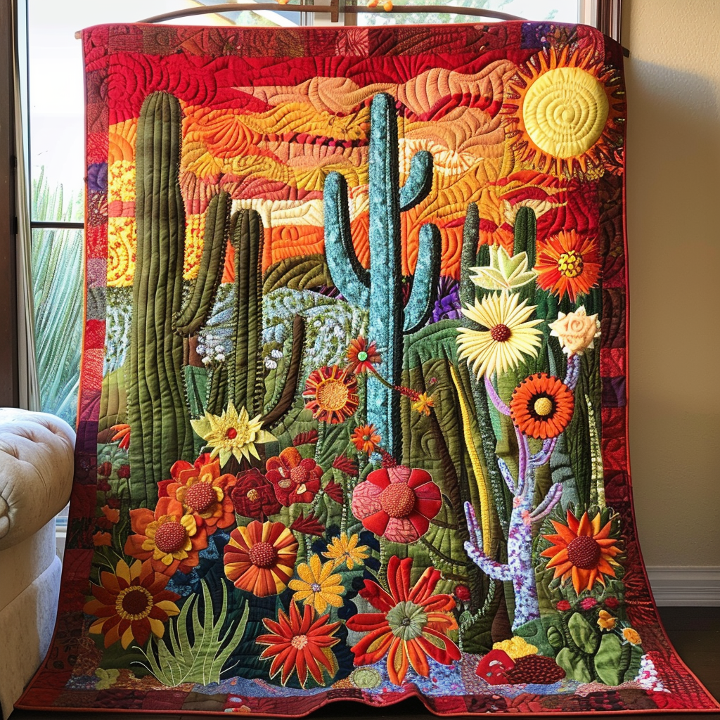 Cactus Sunrise Quilted Blanket Gift For Cactus Lover