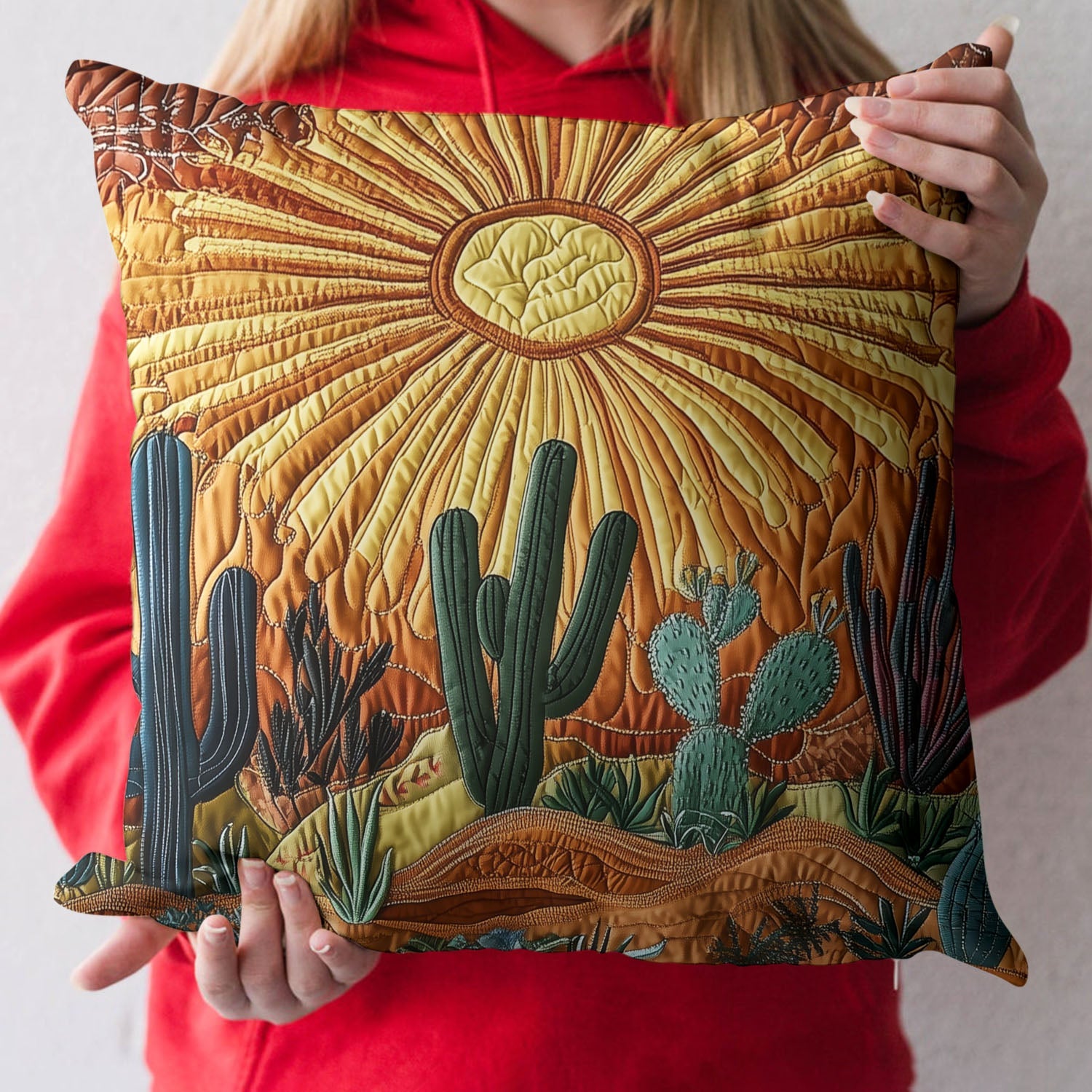 Cactus Sunrise Quilted Pillow Case Aesthetic Home Decor Gifts For Cactus Lovers