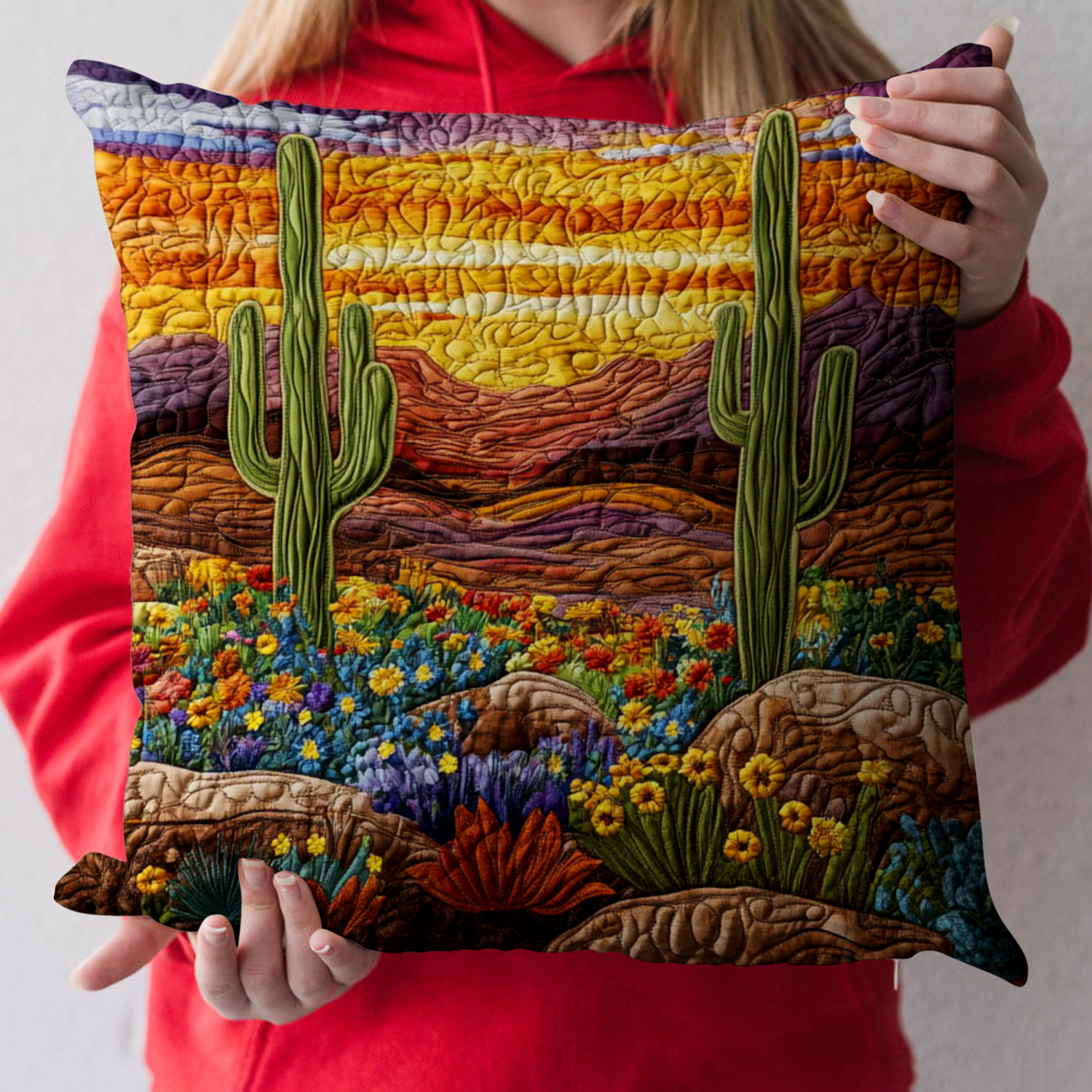 Cactus Sunrise View Quilted Pillow Case Throw Pillow Case Covers Unique Cactus Gifts