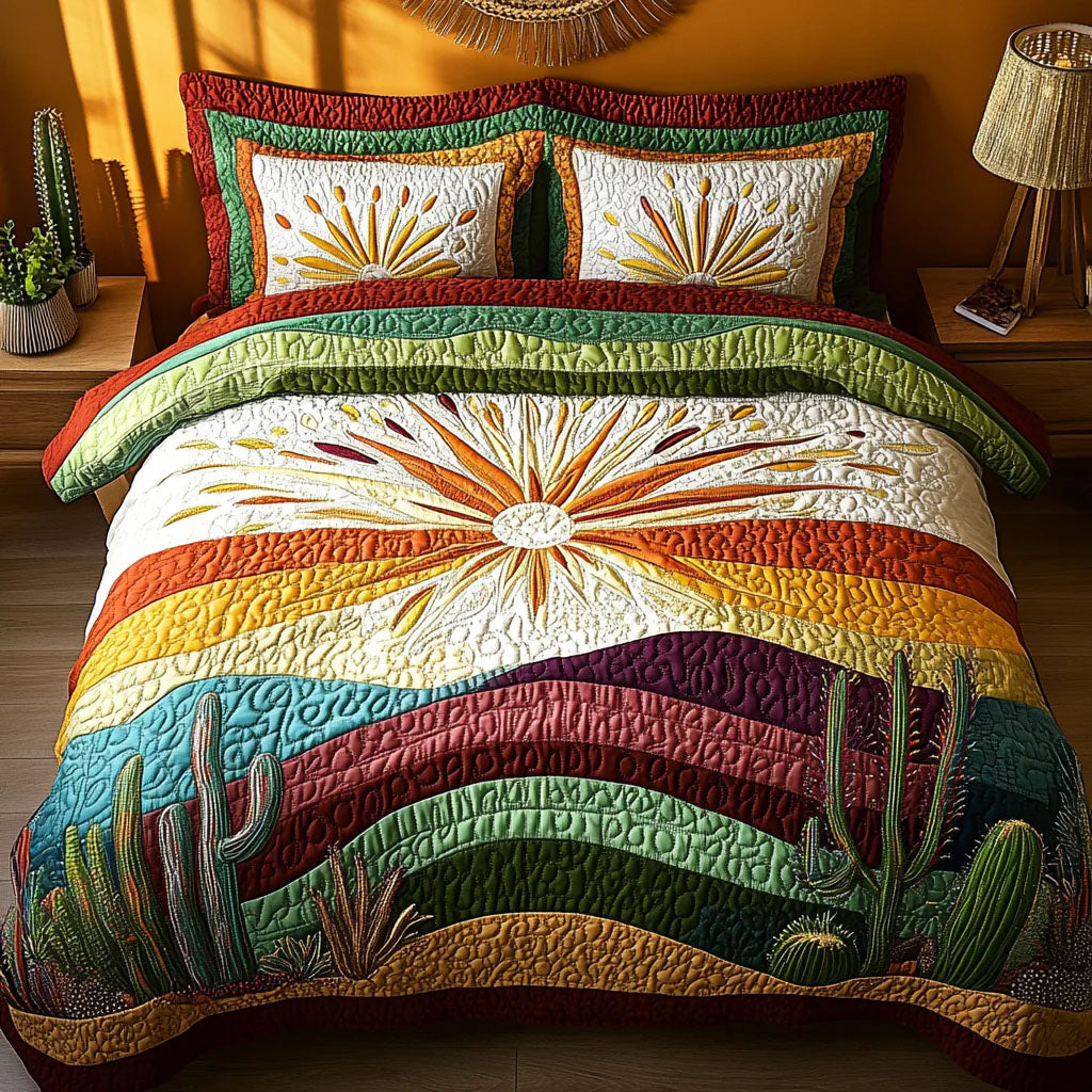 Cactus Sunset Quilted Bedding Set King Bedspread Desert Inspired Gift For Sister