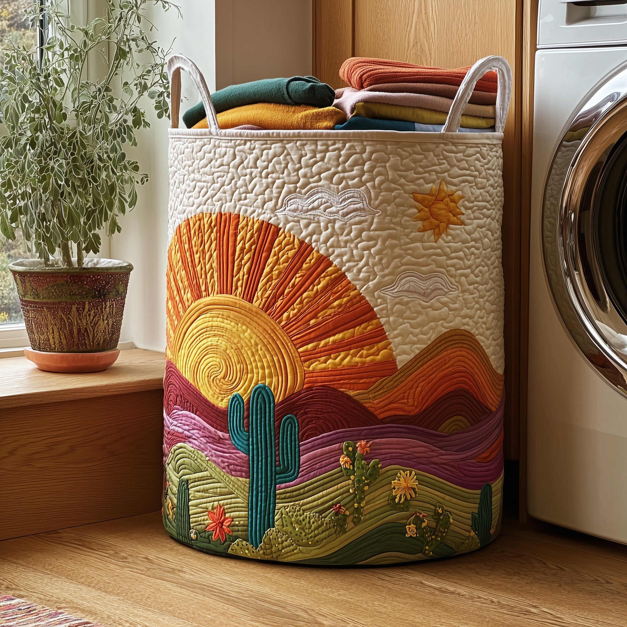 Cactus Sunset Quilted Laundry Basket Merch For Friends