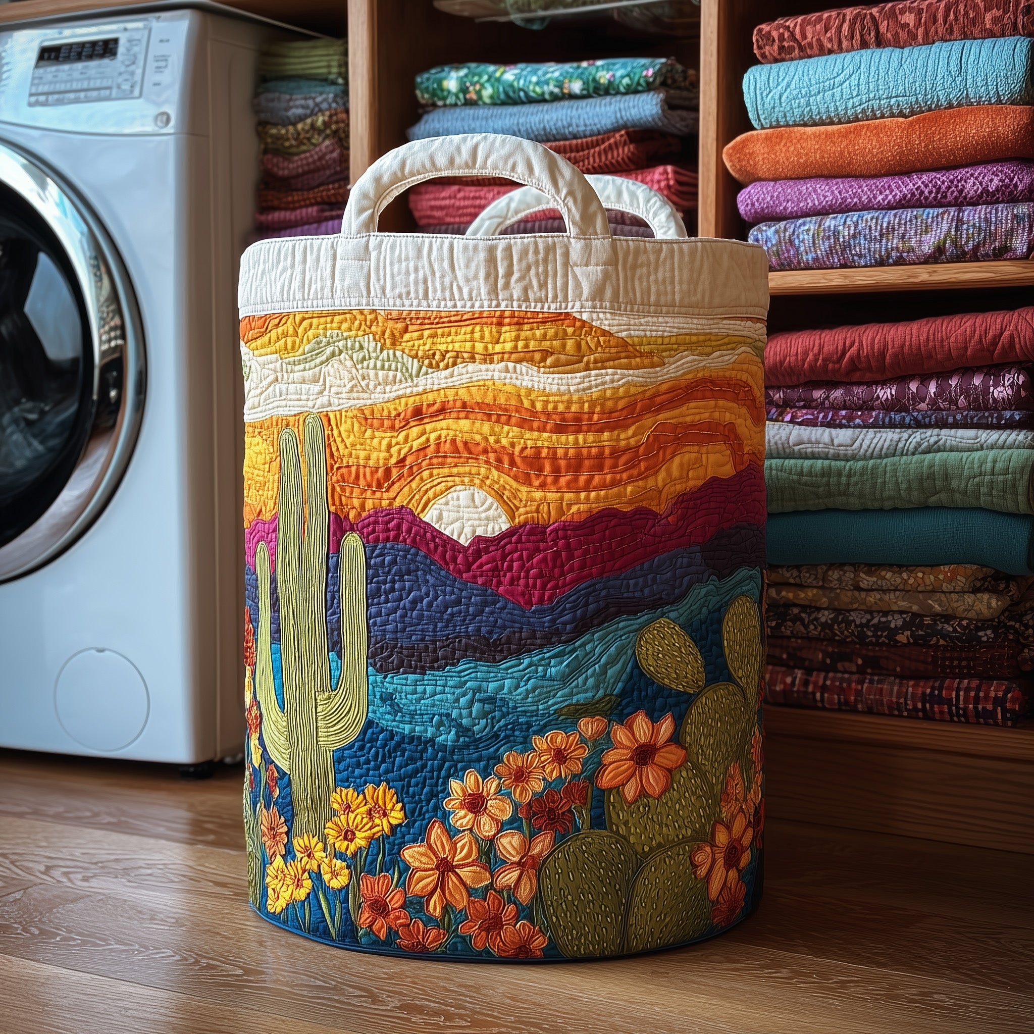 Cactus Sunset Quilted Laundry Basket Merch For Home And Living(1)