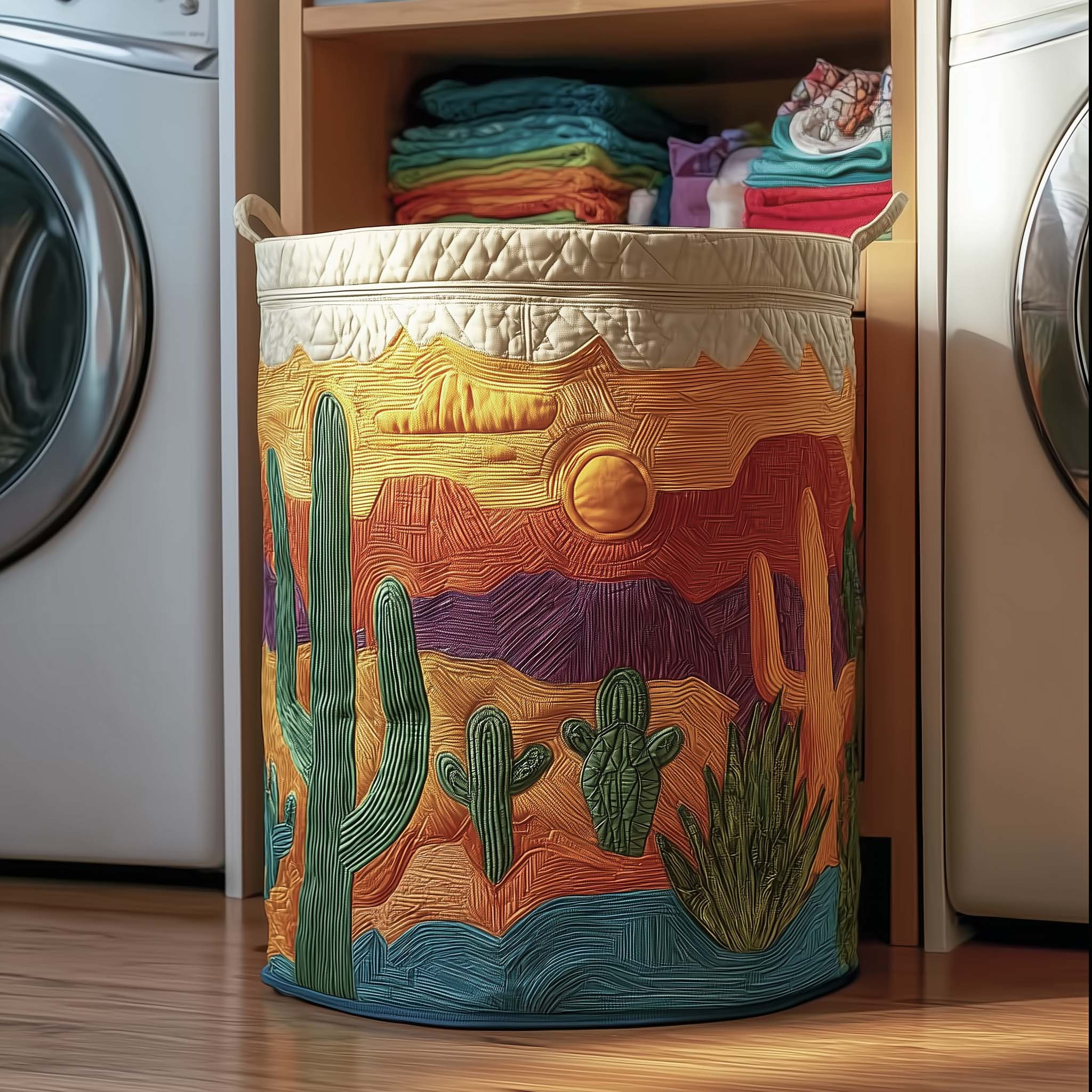 Cactus Sunset Quilted Laundry Basket Nature Themed Rustic Home Decor Gifts For Housewarming
