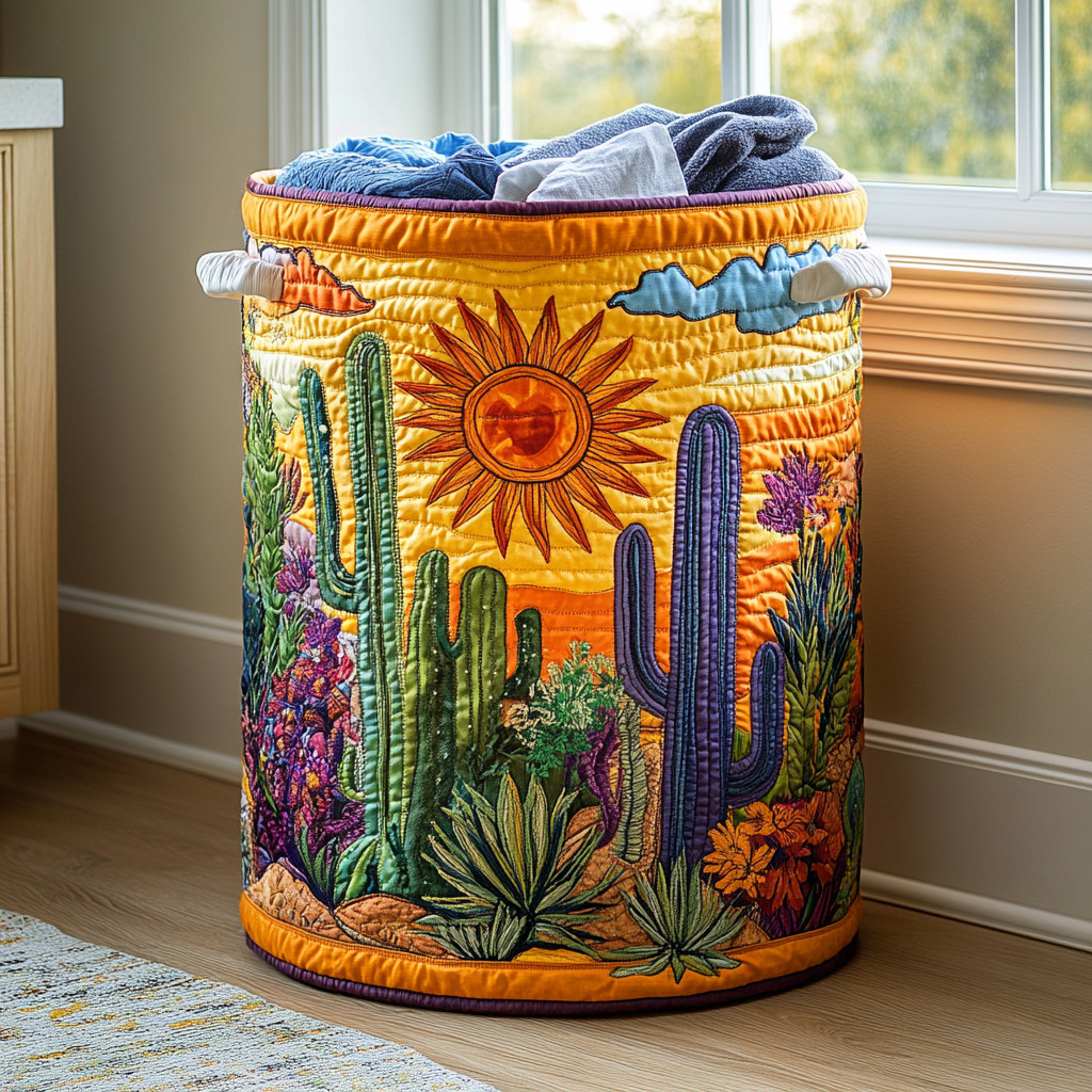 Cactus Sunset Quilted Laundry Basket Practical Home Storage Gift with Quilted Design