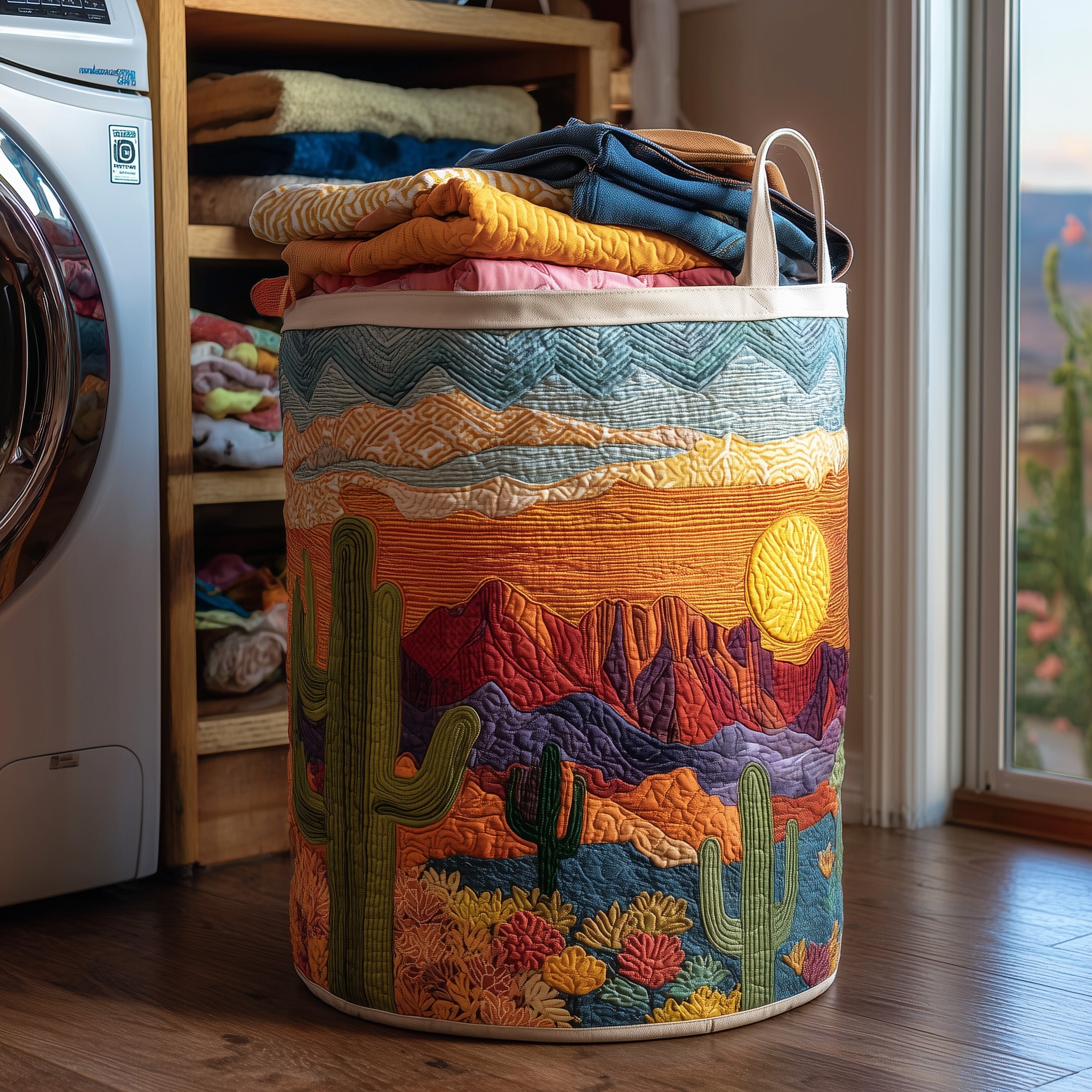 Cactus Sunset Quilted Laundry Basket Summer Merch Vibes