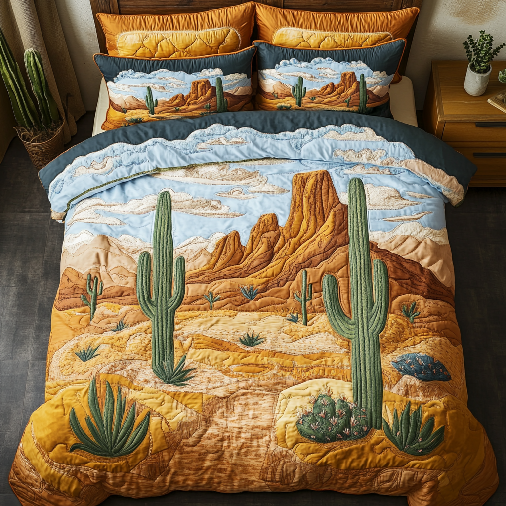 Cactus Valley Quilted Bedding Set Bedspread Set Unique Cactus Gifts