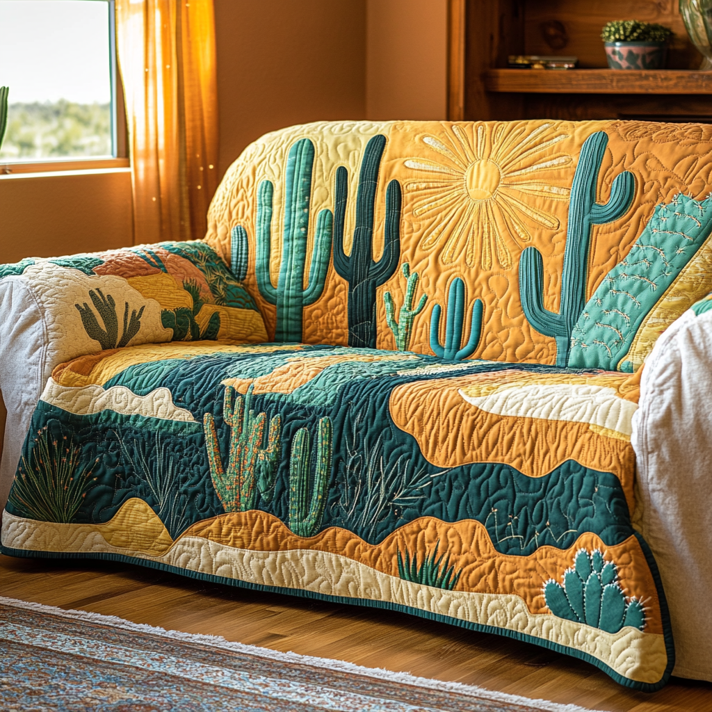 Cactus Valley Quilted Sofa Cover Holiday Living Room Decor Christmas Cactus Gift