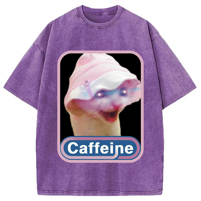 Caffeine Hat Cat Funny Meme Washed T-Shirt Retro Humor Outfit Idea Gifts For Best Friend