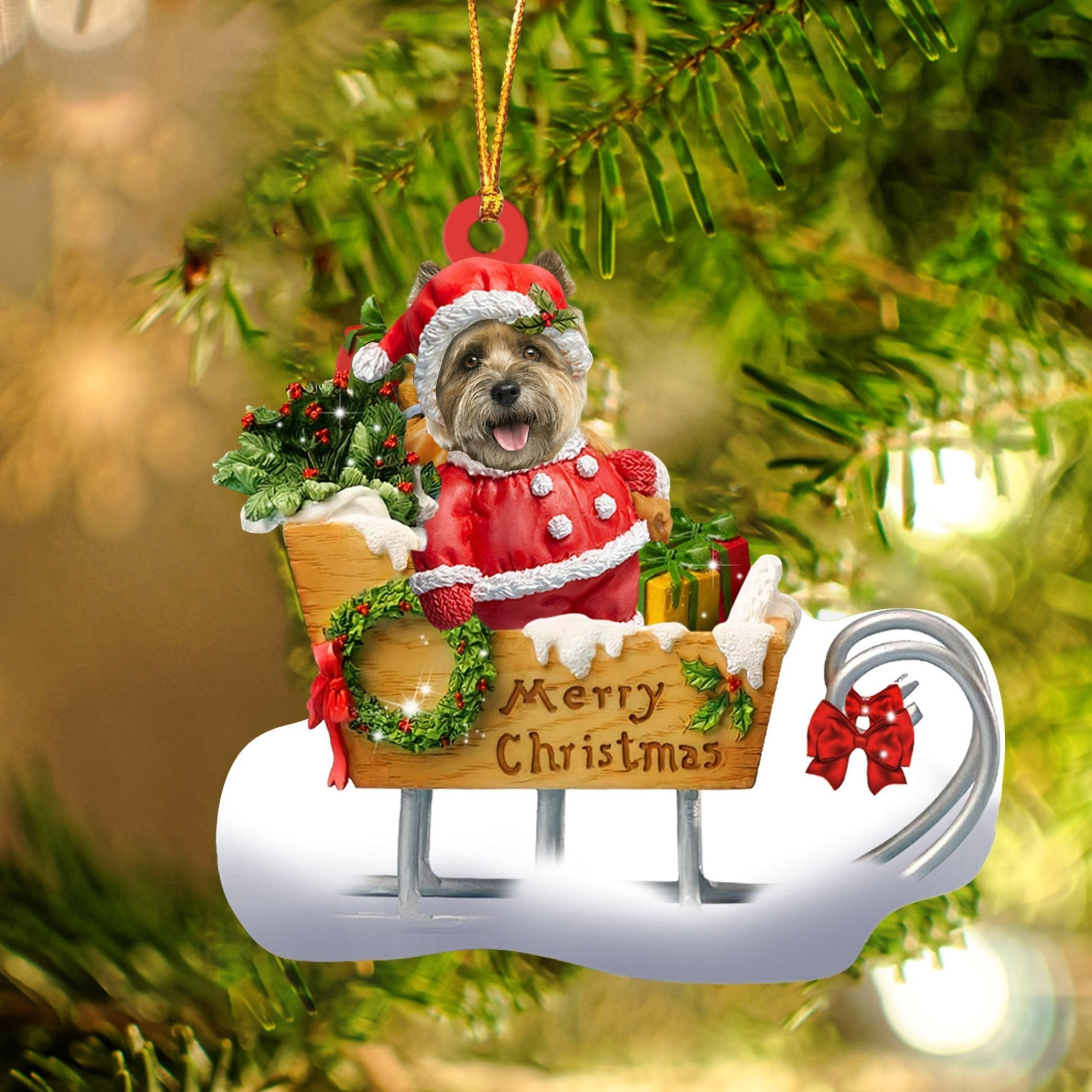 Cairn Terrier Sitting On A Cute Sleigh Ornament Flat Acrylic Funny Dog Ornament