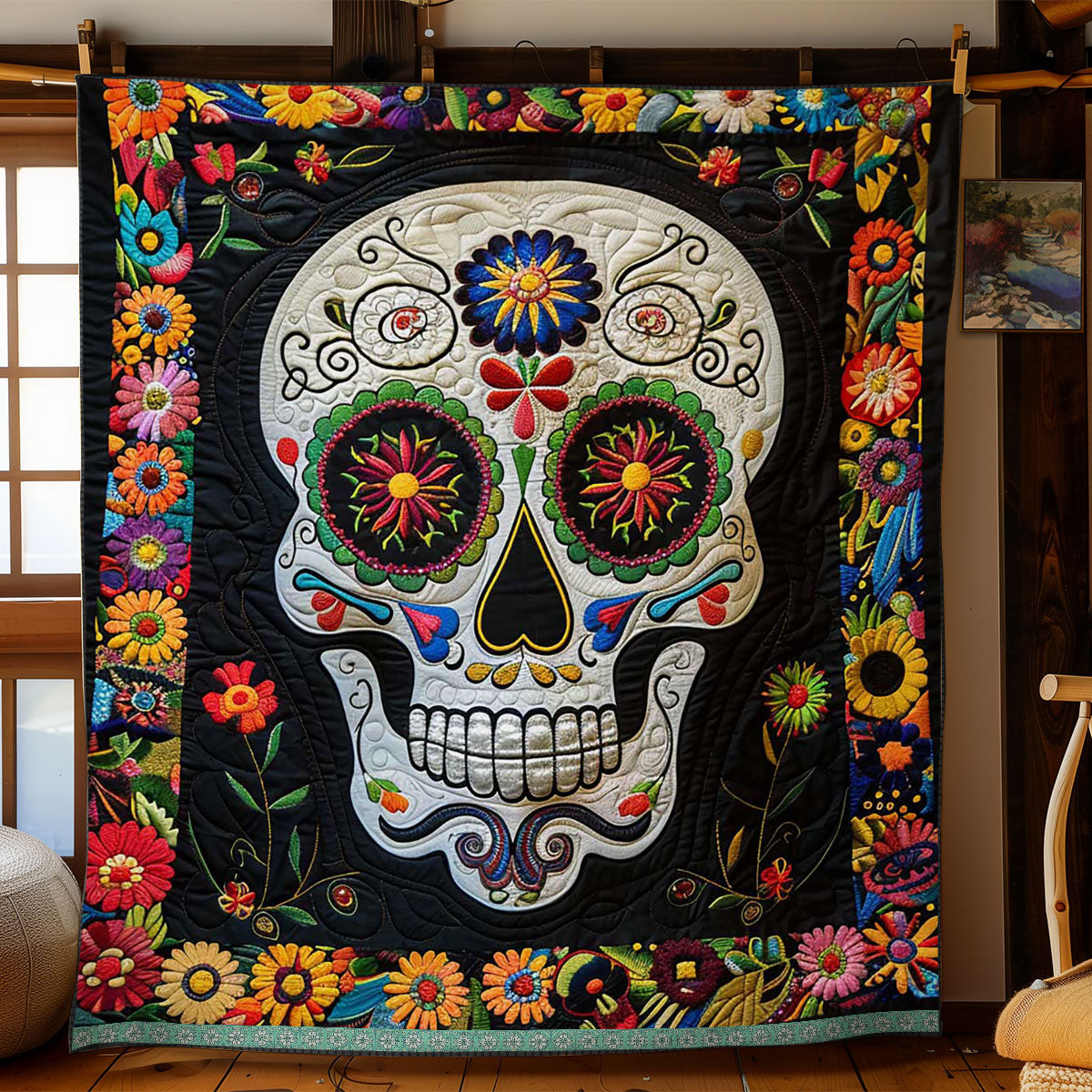 Calavera Sugar Skull Quilt Blanket King Size Blanket Best Christmas Presents For Girlfriend