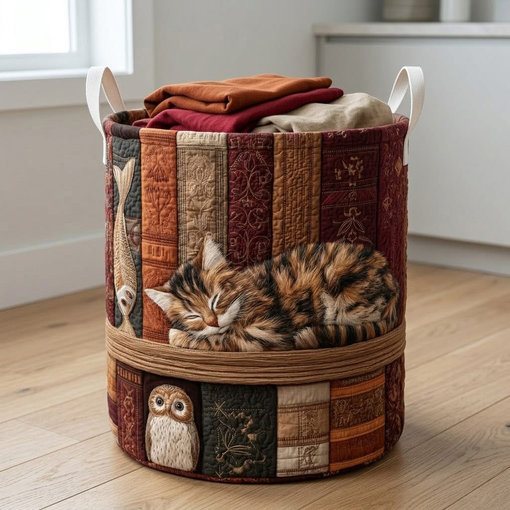 Calico Cat Owl Autumn Books Quilted Laundry Basket Cozy Decor Best Gift For Cat And Book Lovers