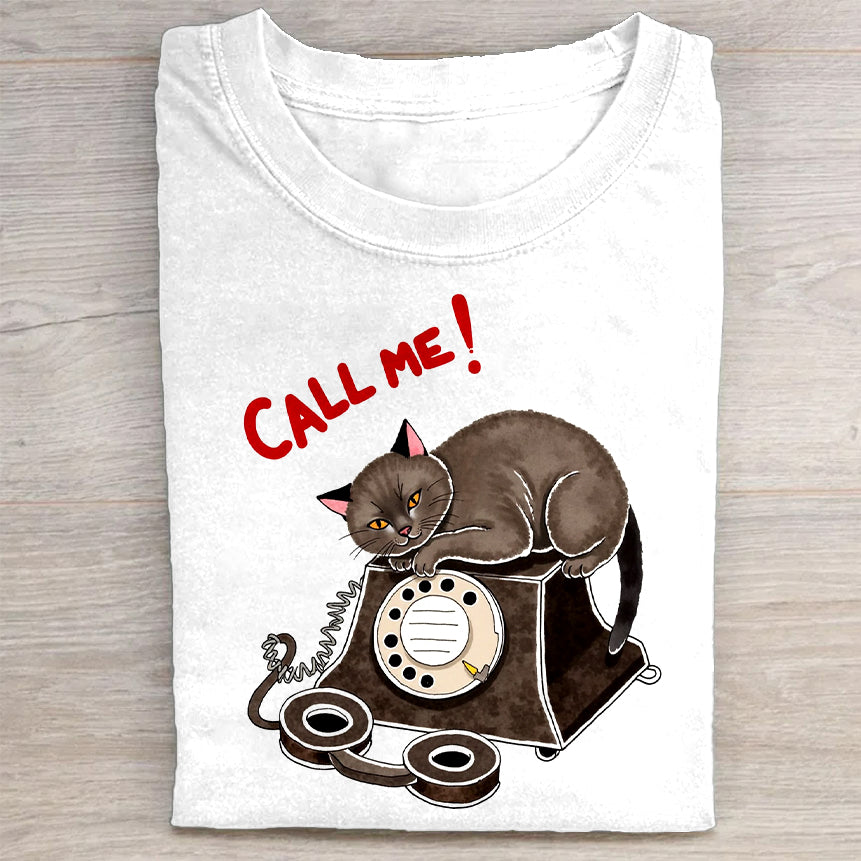 Call Me Cat And Phone Graphic White T-Shirt Funny Pet Lovers Merch Best Gift For Cat Owners