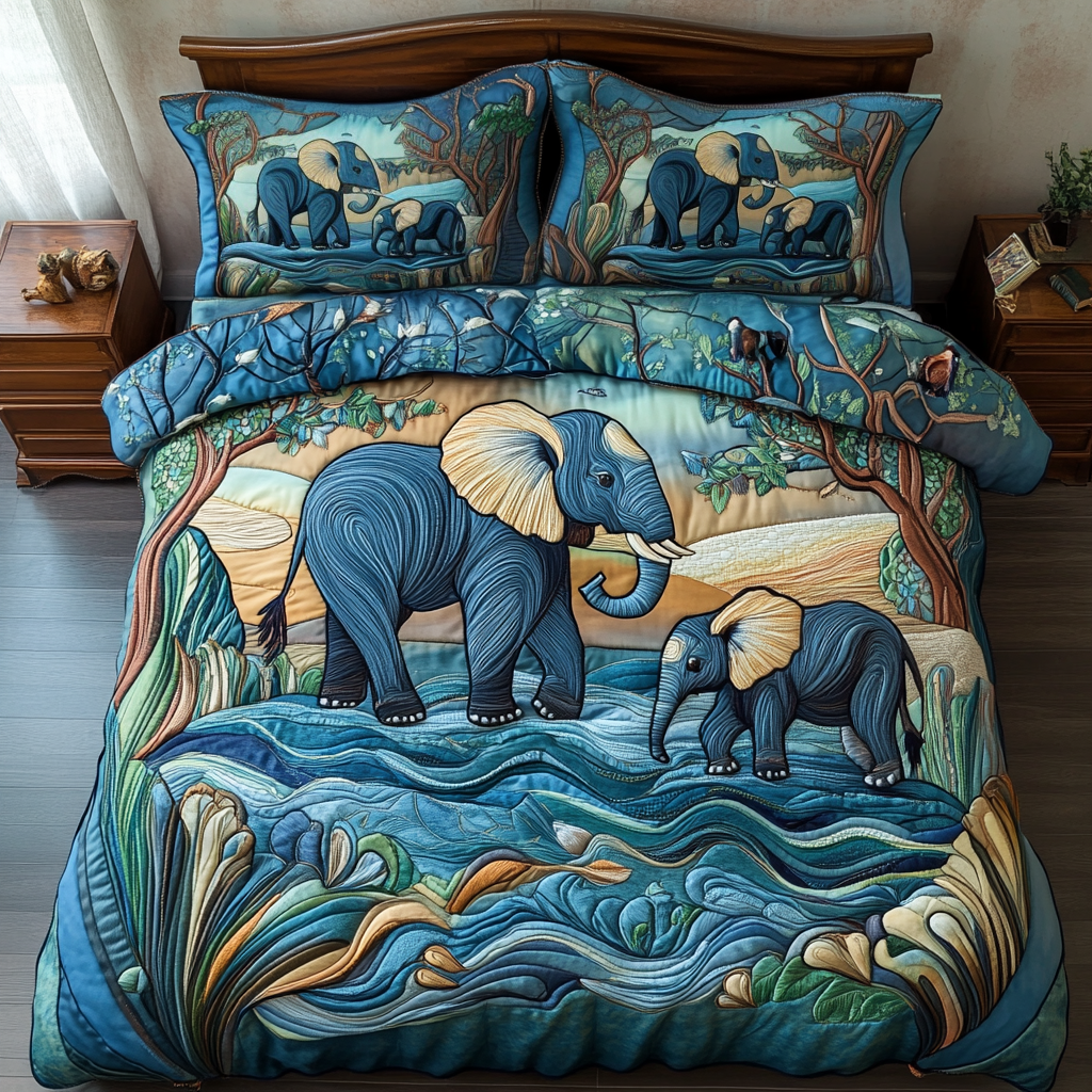 Calm Caravan Quilted Bedding Set Aesthetic Room Decor Good Gifts For Elephant Lovers