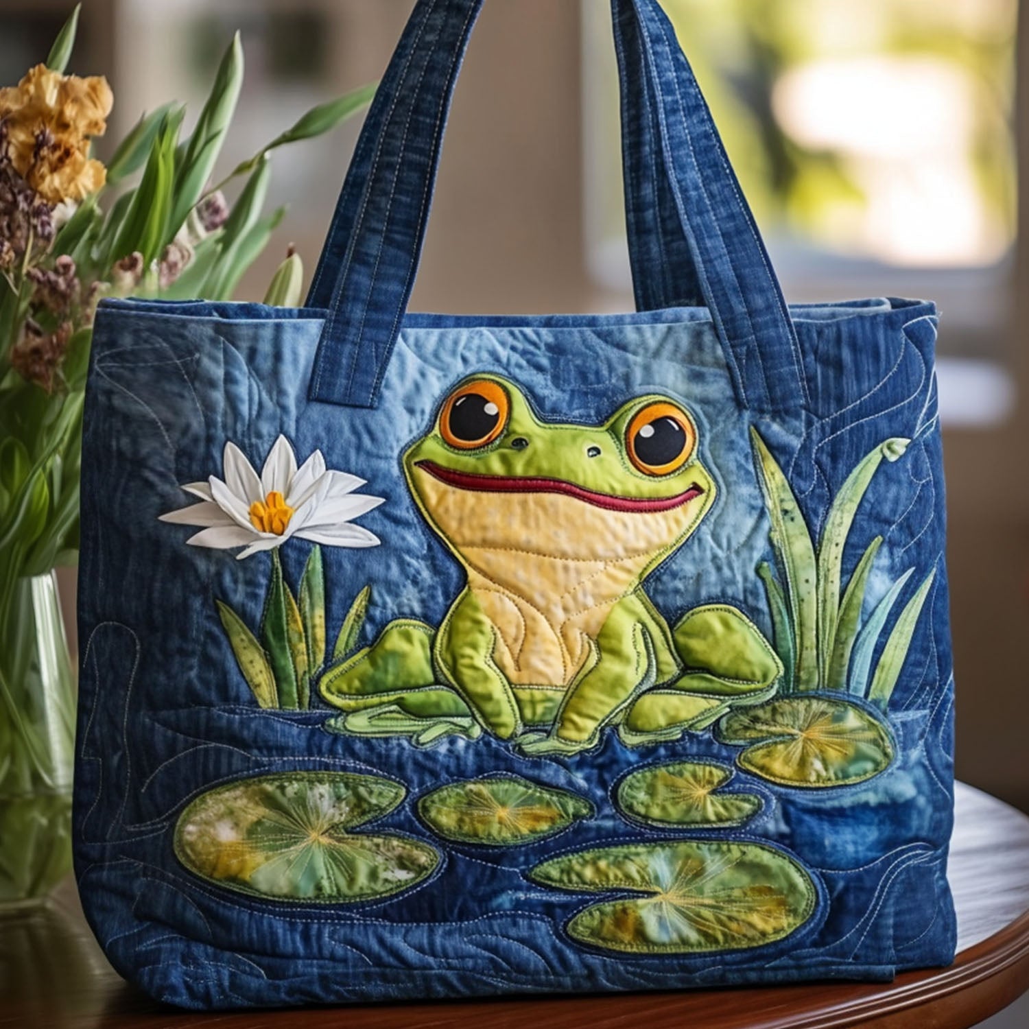 Calm in the Creek Quilted Tote Bag Gift For Frog Lover
