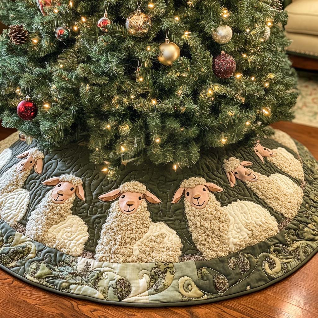Calm Sheep Christmas Quilted Tree Skirt Holiday Home Decor Sheep Christmas Presents