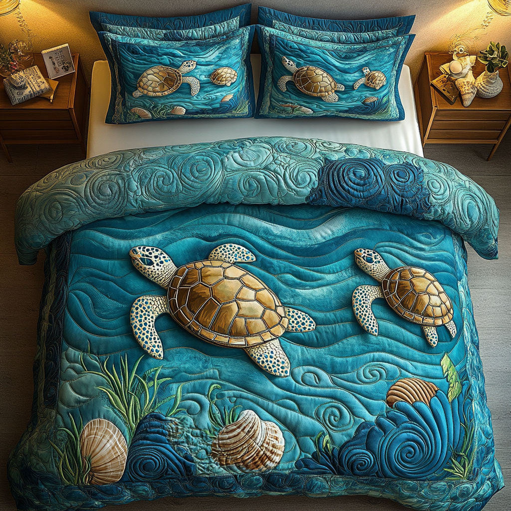 Calm Shell Serenity Quilted Bedding Set Best Bed Sheet Set Sea Turtle Gift Ideas