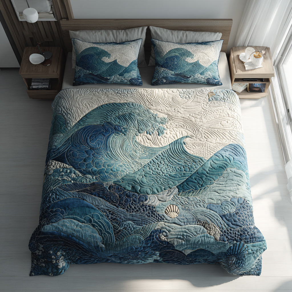 Calming Ocean Waves Quilted Bedding Set Bed Decorations Best Gifts For Ocean Lovers