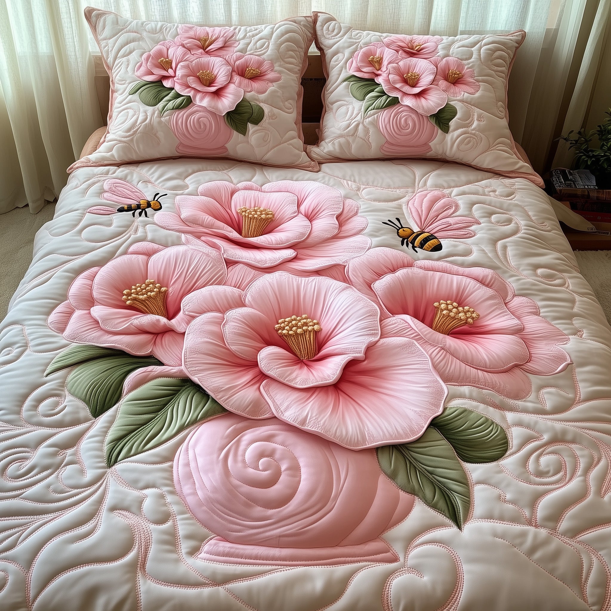 Camellia Quilted Bedding Set Duvet Cover Bed Sheet African American Gifts For Women