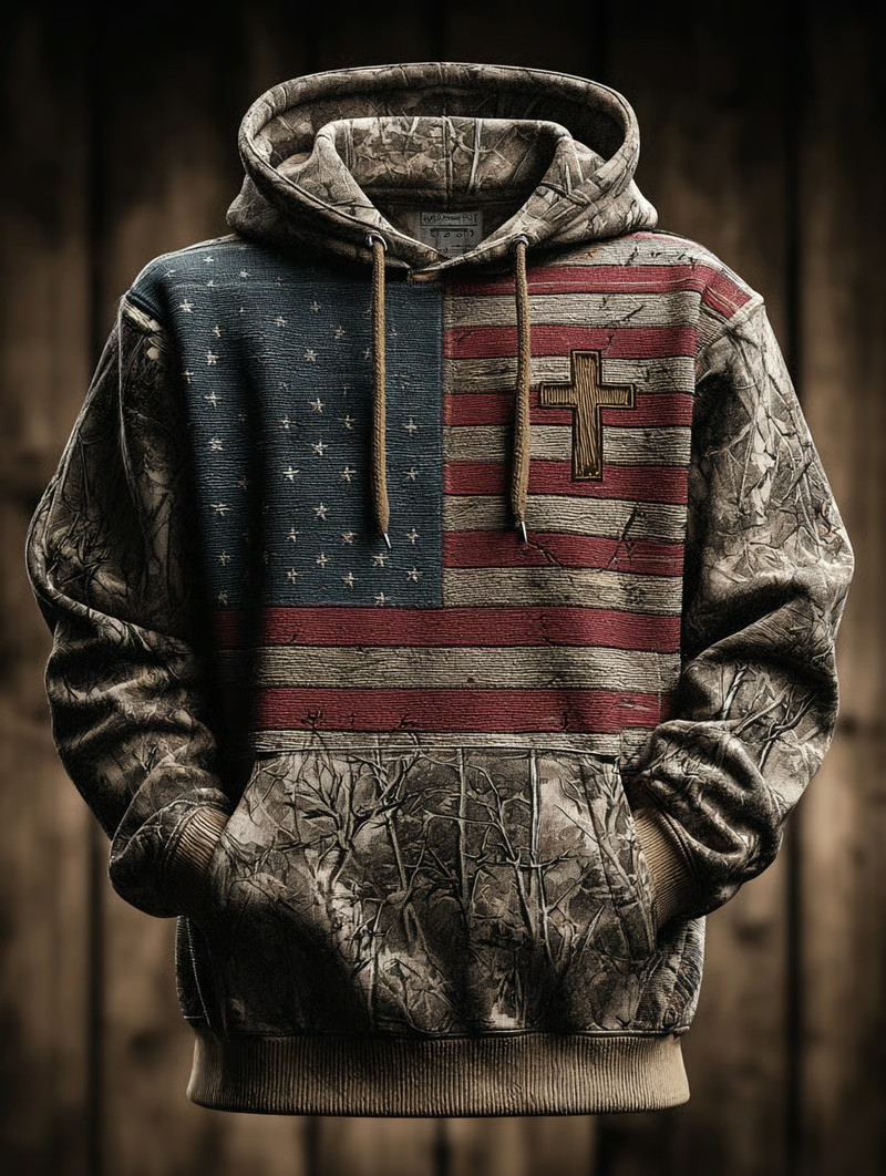 Camo American Flag Cross Hoodie Patriotic Christian Faith Hunting Outdoor Apparel Best Gift For Dad
