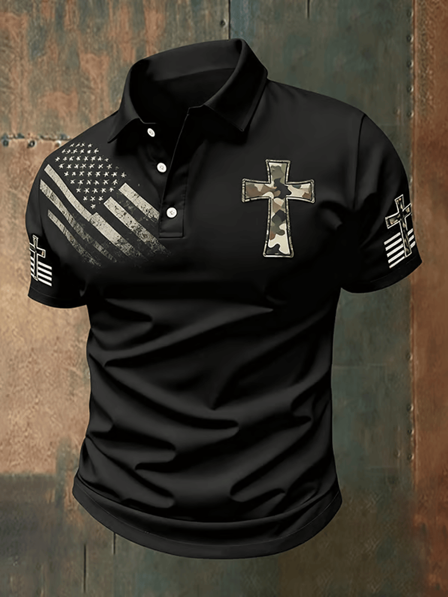 Camo Cross American Flag Christian Polo Shirt USA Flag Faith Pullover Gift For Him