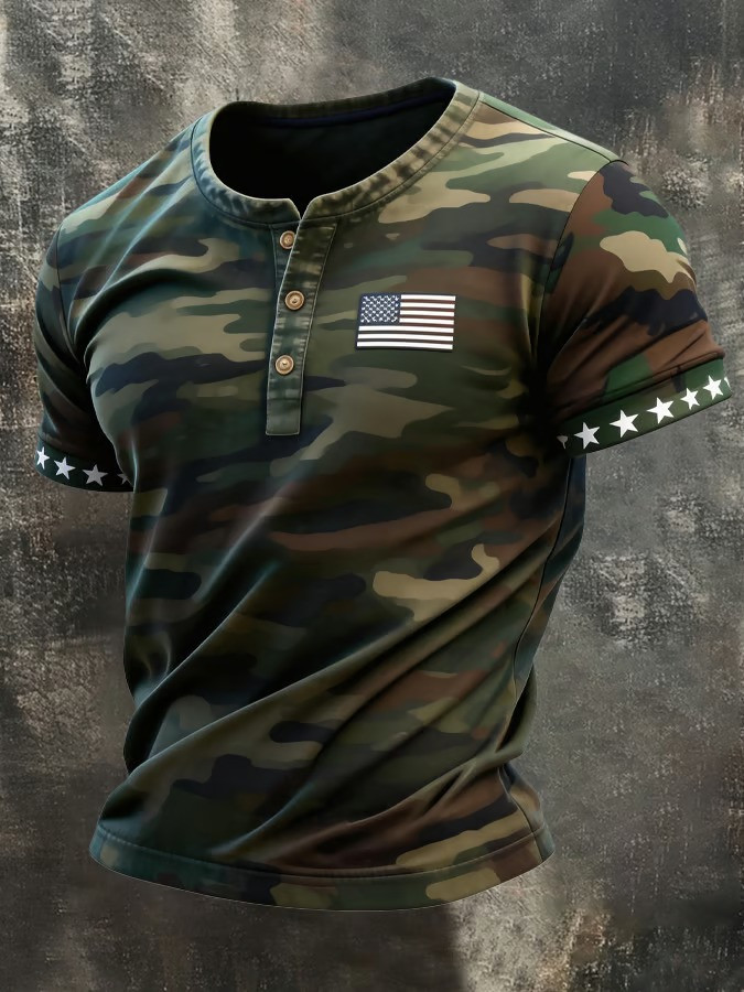 Camo Henley Button T-Shirt American Flag USA Patriotic Stars Military Veteran Clothing Best Gift Ideas