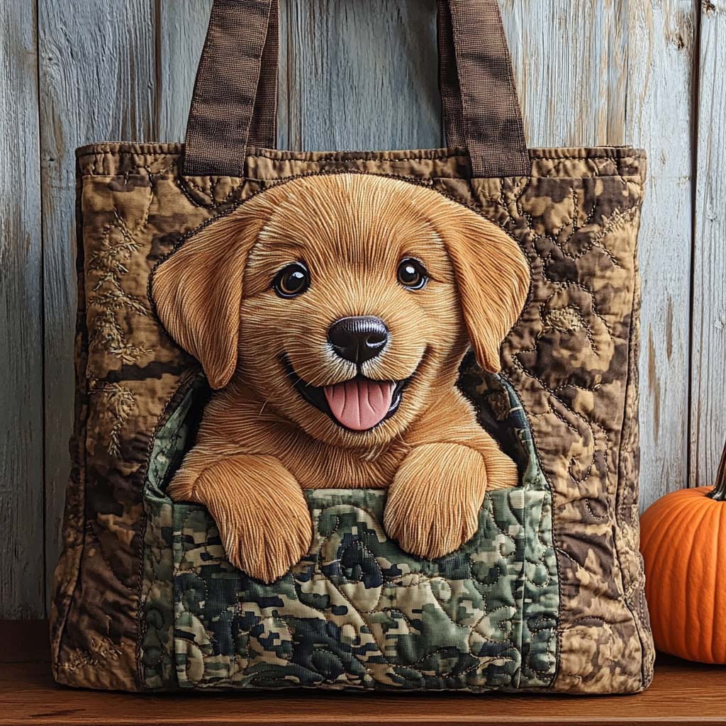 Camo Pup Joy Quilted Tote Bag Cool Gifts For Animal Lovers