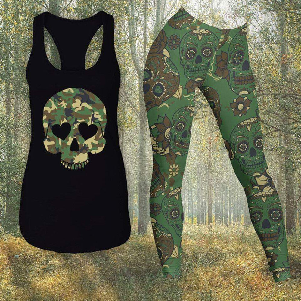 Camo Skull Tank Top And Legging Set For Women's Gifts For Skull Lovers Retro Gift for Him