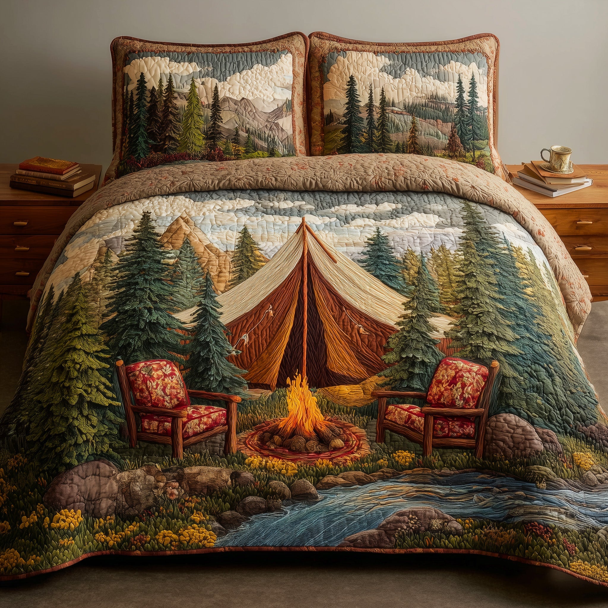 Camp Life Quilted Bedding Set Duvet Cover Bedspread Camping Themed Gifts For Adults