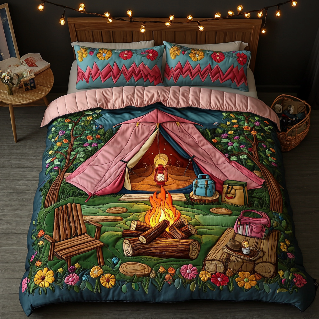 CampDreams Quilted Bedding Set Cool Bedroom Decor Gifts For People Who Like Camping