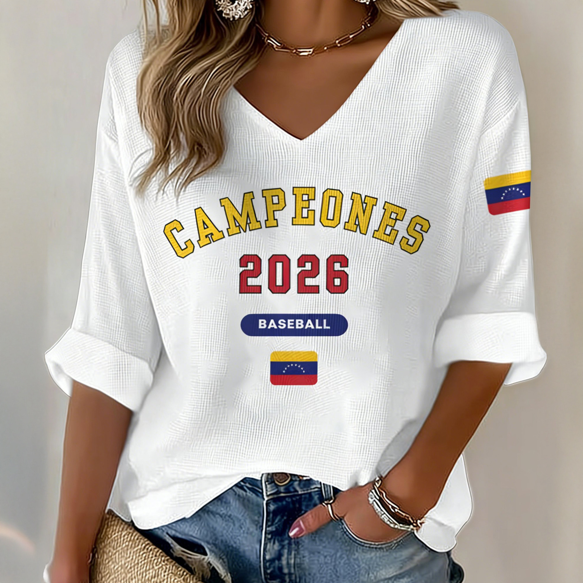Campeones 2026 V-Neck Long Sleeve Shirt Venezuela 2026 WBC Champions Clothing Gift For Fans