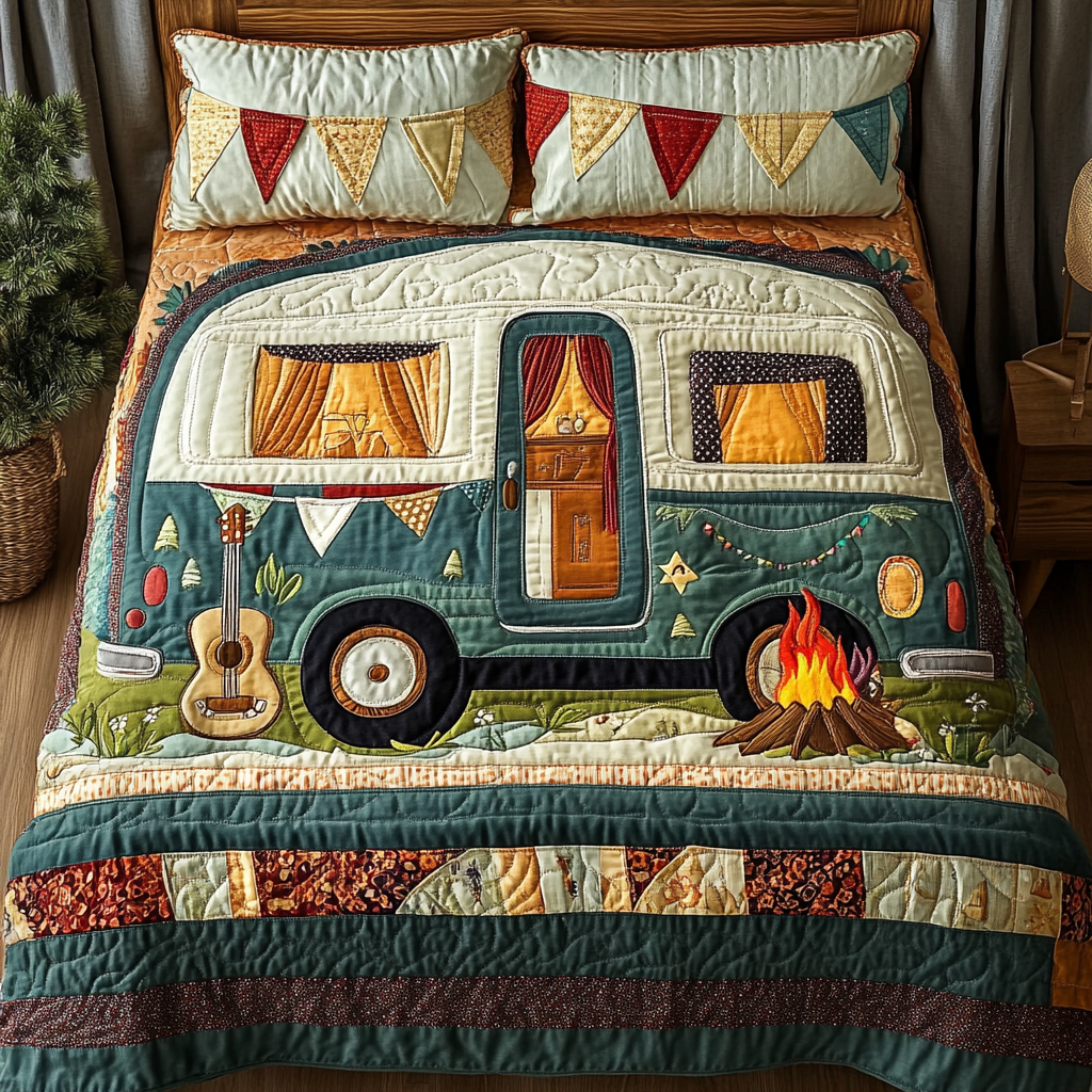 Camper Journey Quilted Bedding Set Bed Room Decoration Camping Themed Birthday Gifts