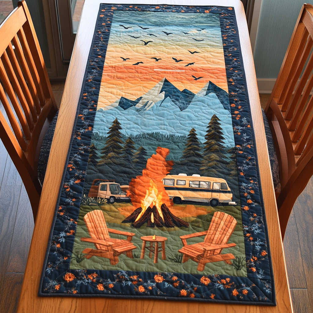Campfire Bliss Quilted Table Runner Dining Decor Unique Camping Gifts