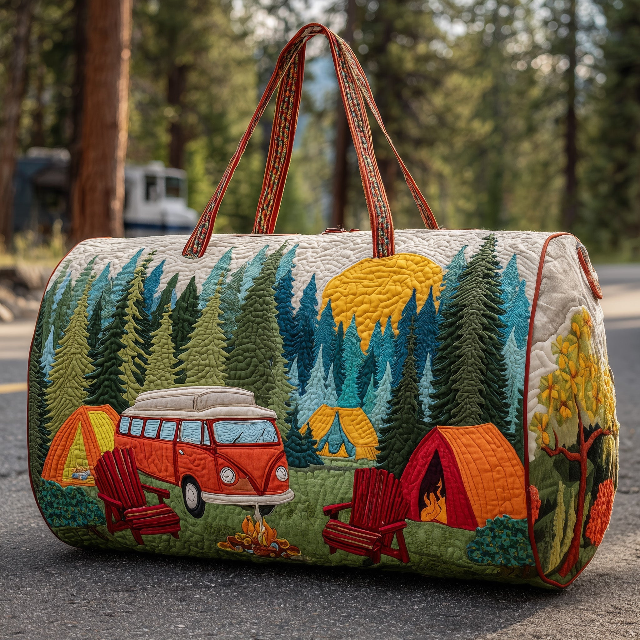 Campfire Dream Hippie Van Quilted Duffle Bag Outdoor Camping Gift For Nature Lovers