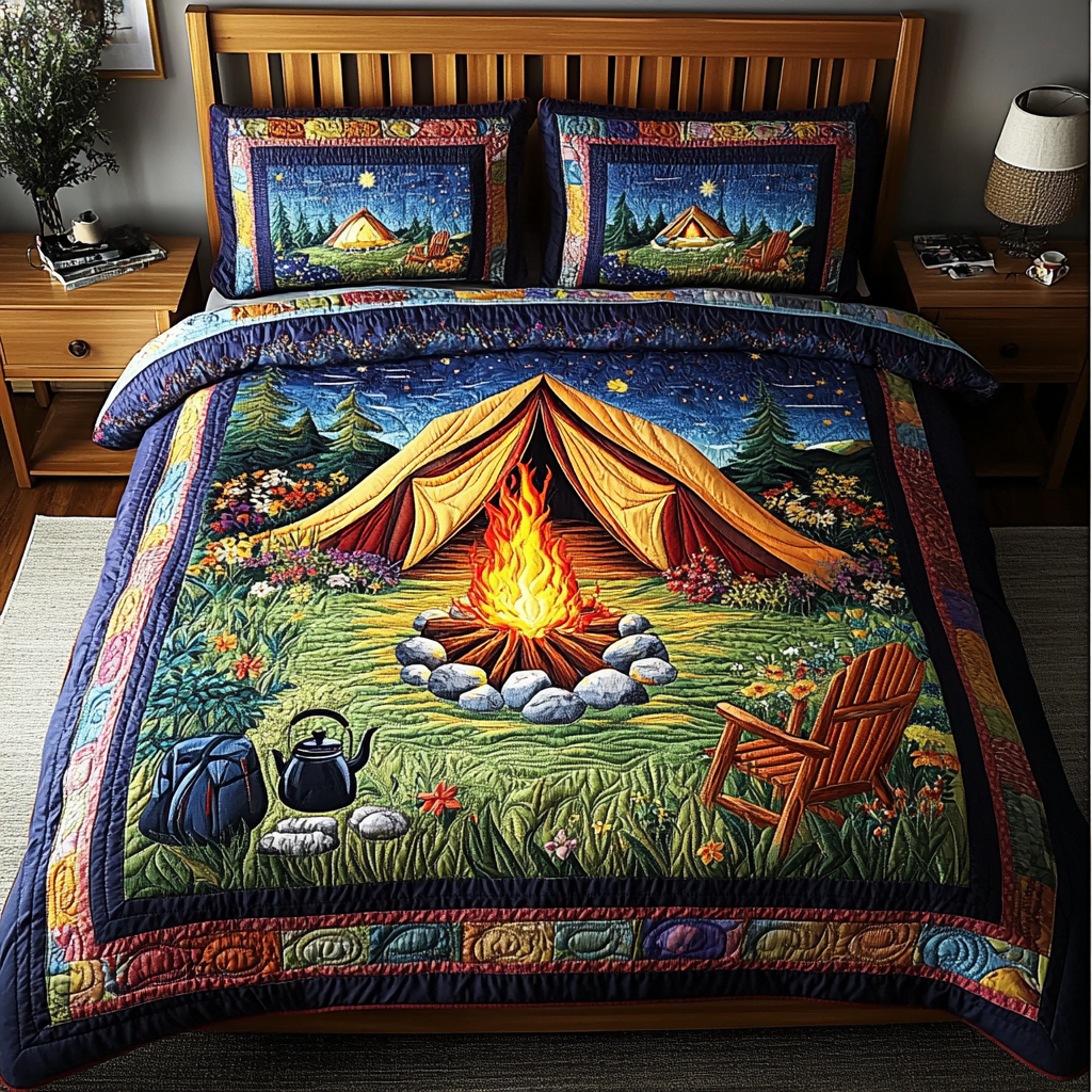 Campfire Dream Quilted Bedding Set Bed Room Decoration Great Camping Lover Gifts