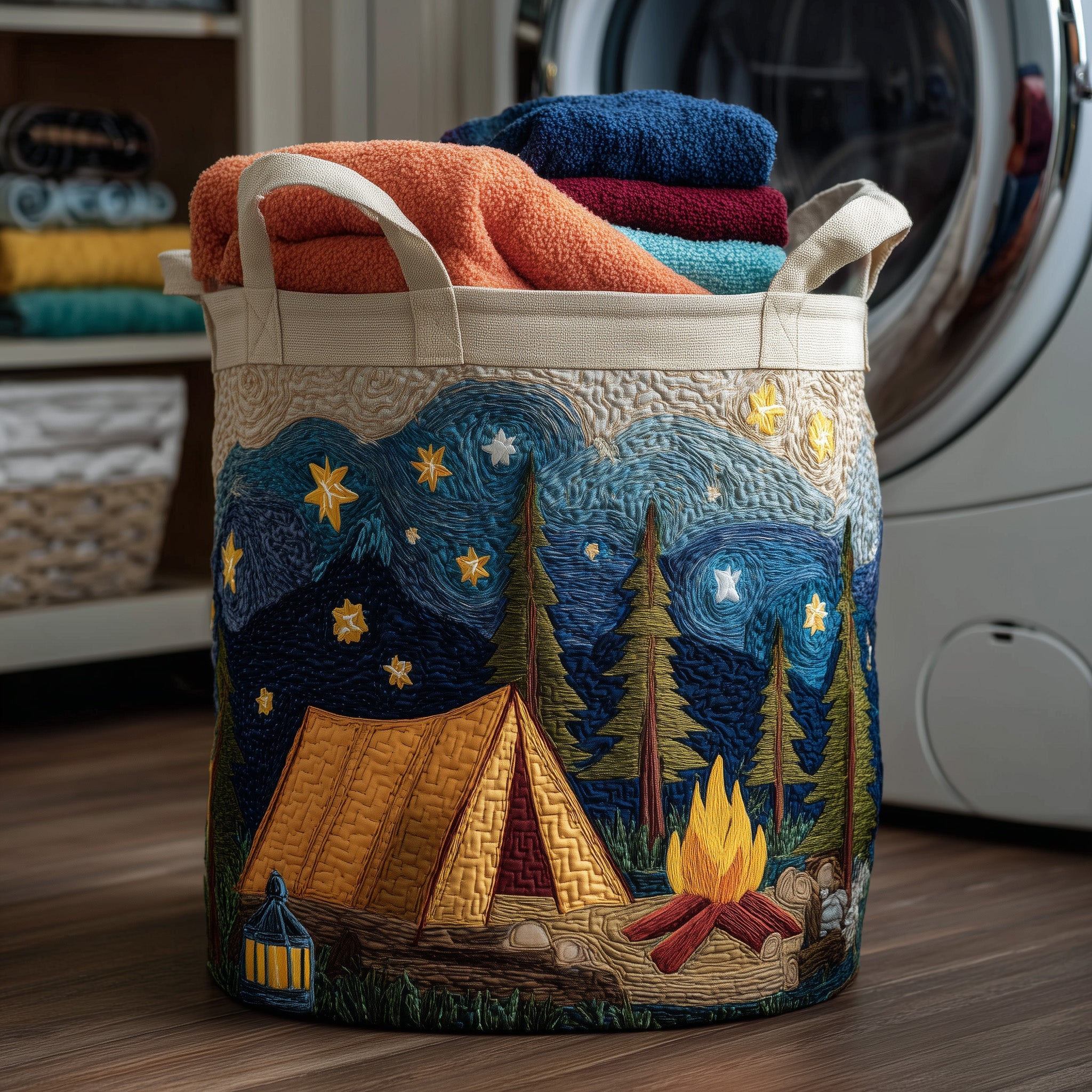 Campfire Dream Quilted Laundry Basket Camping Themed Presents