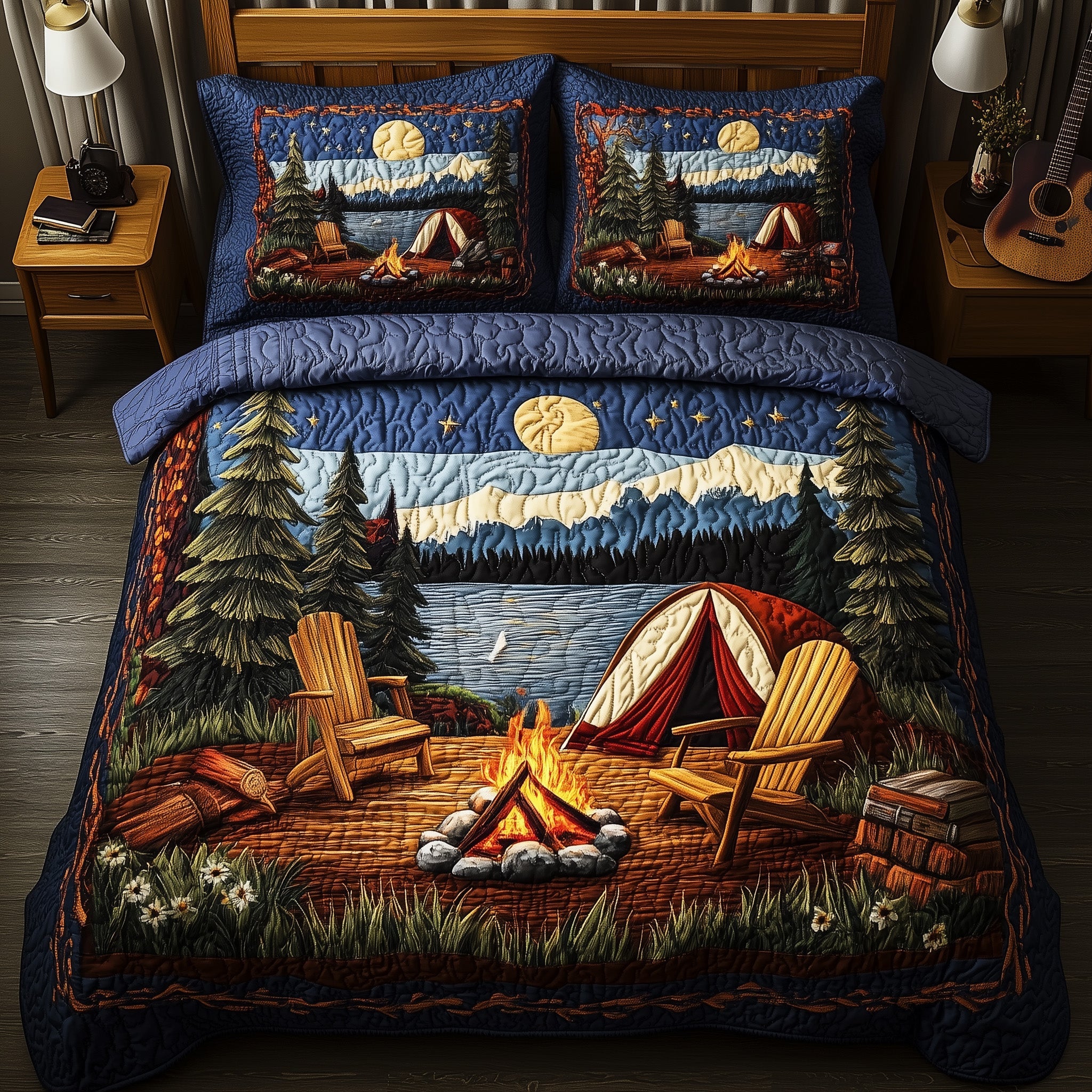 Campfire Dreams Quilted Bedding Set Duvet Cover Bed Sheet Best Camping Gifts 2025