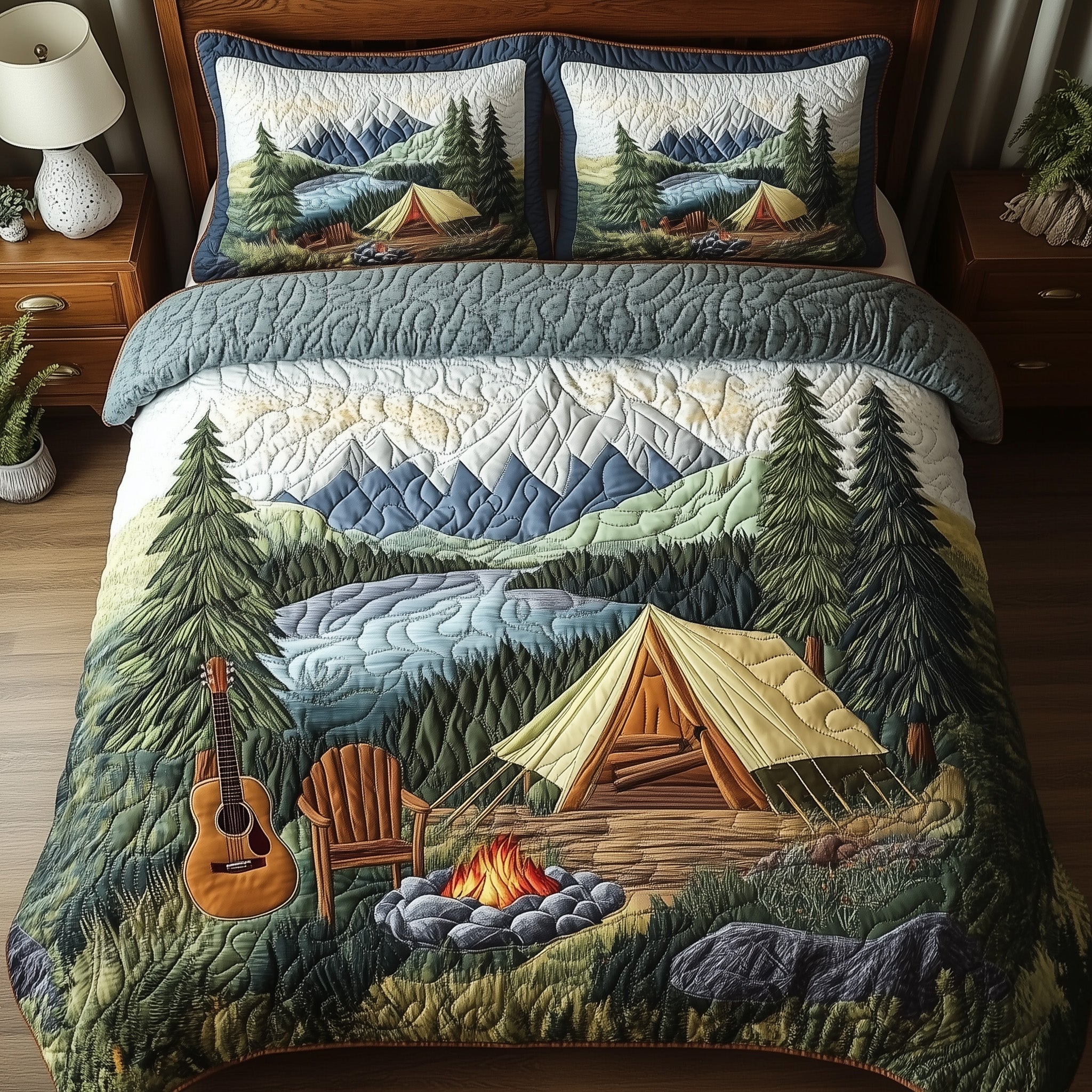 Campfire Dreams Quilted Bedding Set Duvet Cover Bed Sheet Camping Gifts For Couples