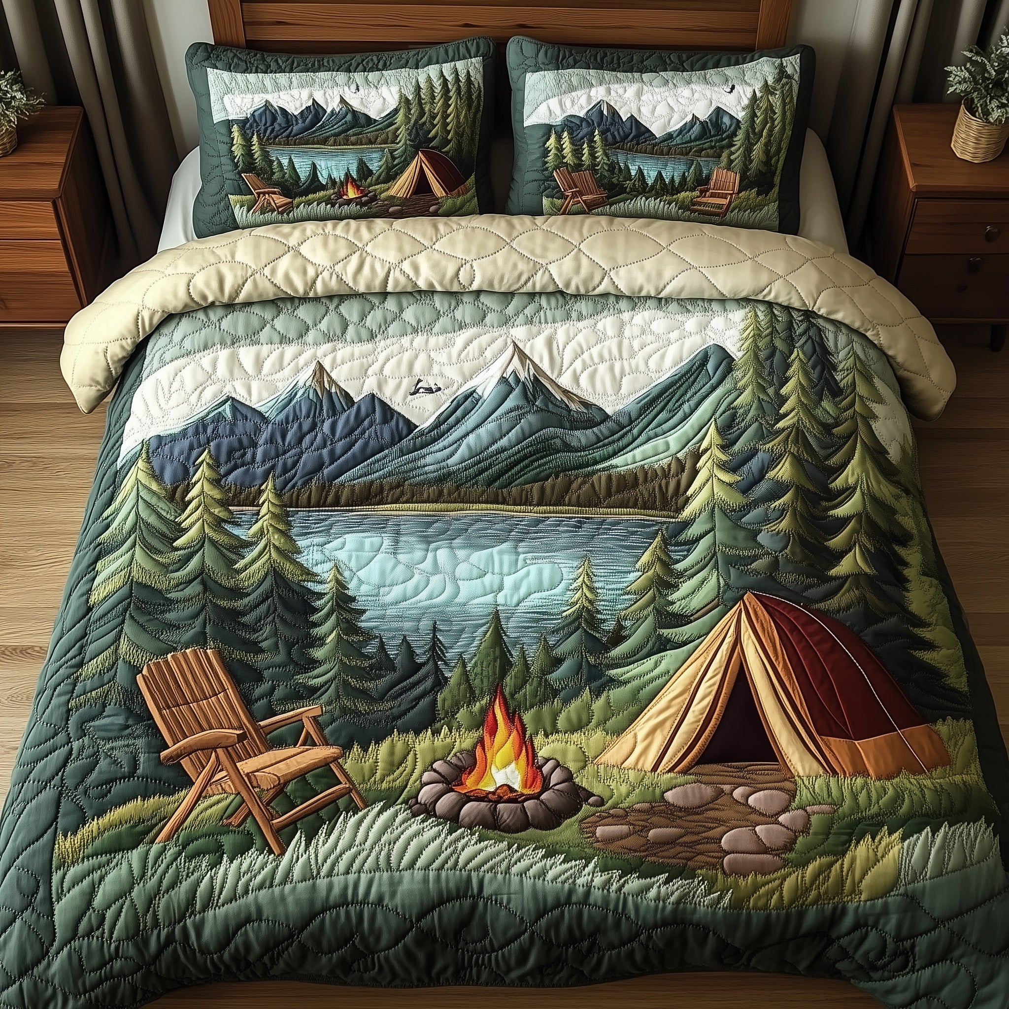 Campfire Dreams Quilted Bedding Set Duvet Cover Bed Sheet Camping Gifts For Him